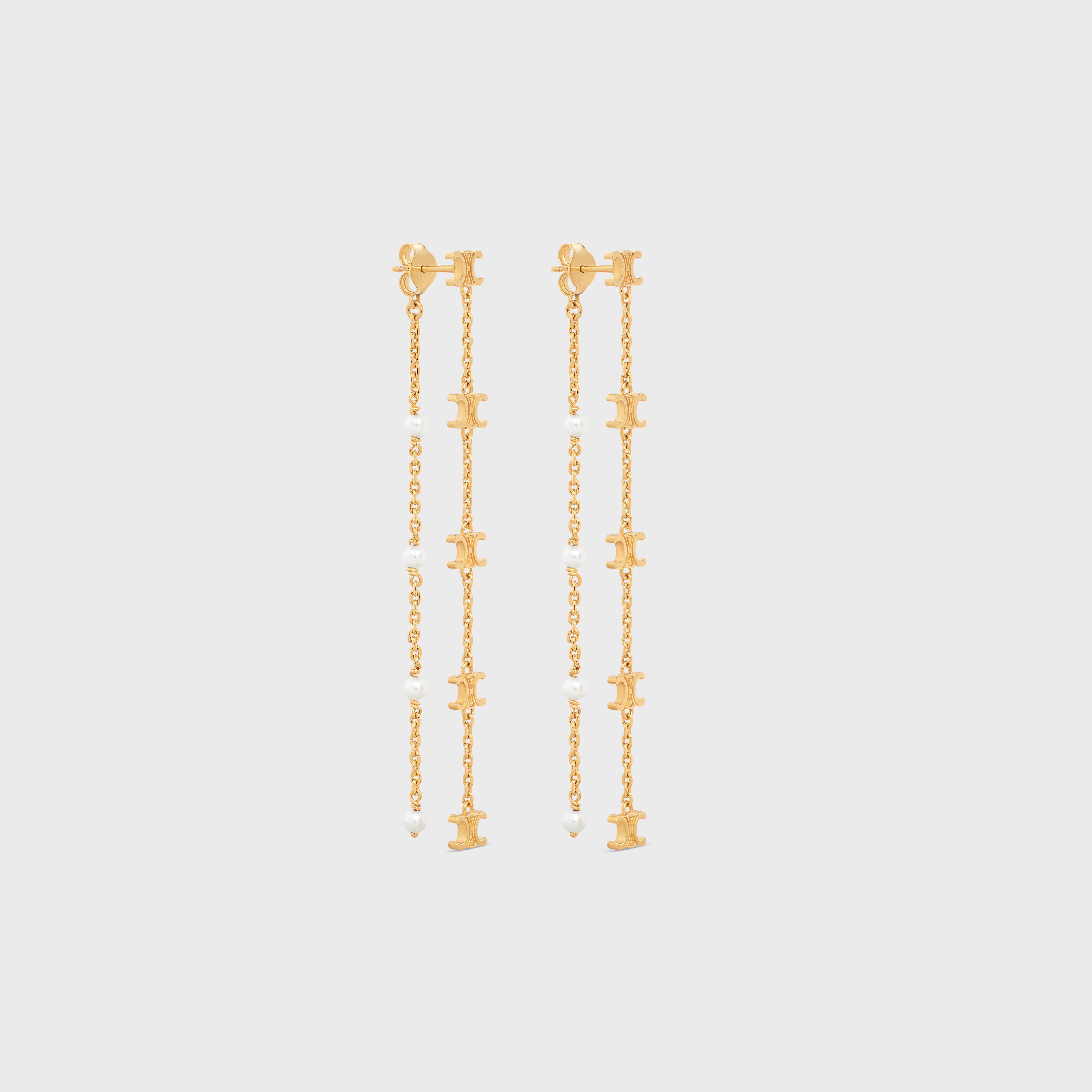 Triomphe Long Pearl Earrings in Brass with Gold Finish and Resin Pearls - 2