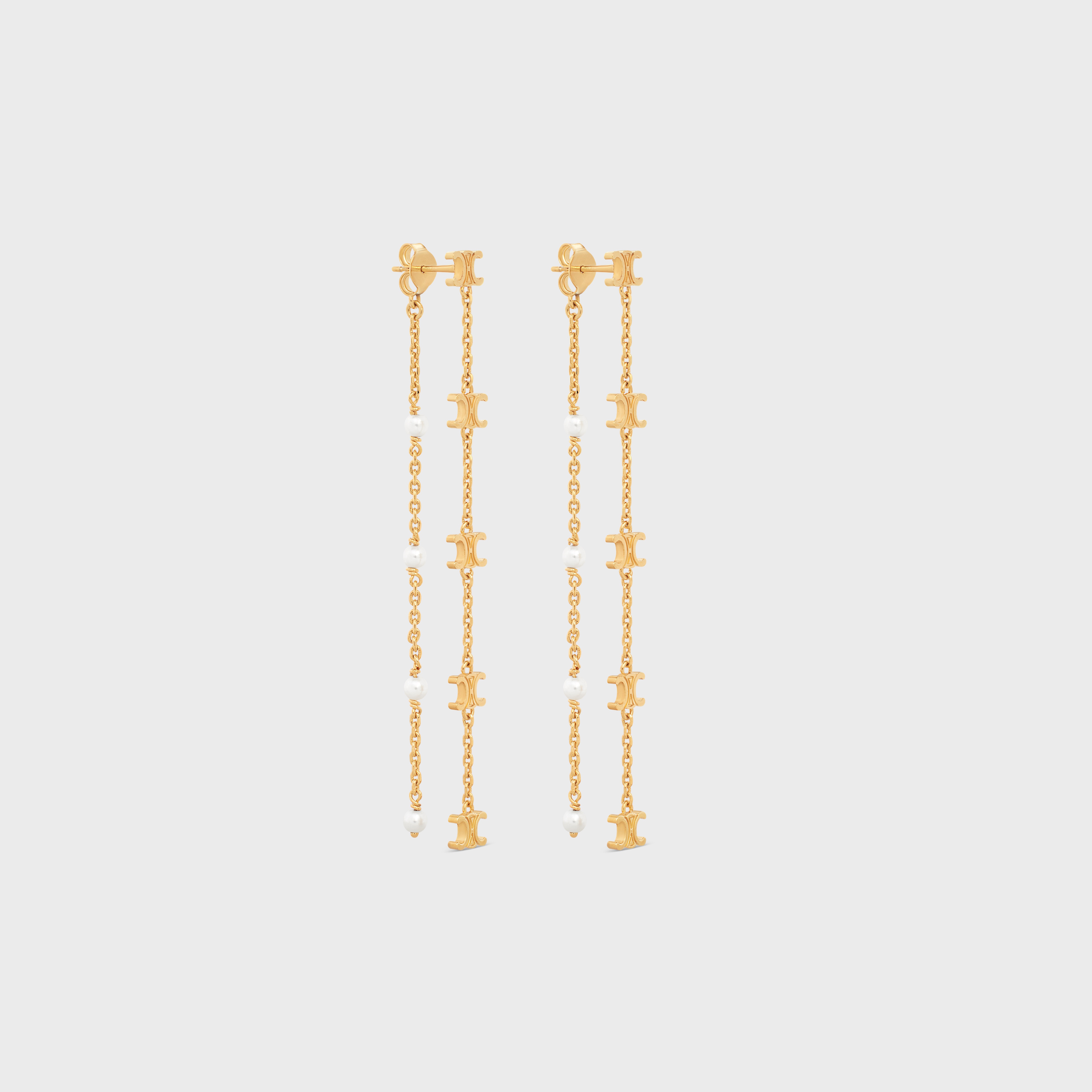 CELINE Triomphe Long Pearl Earrings in Brass with Gold Finish and Resin ...