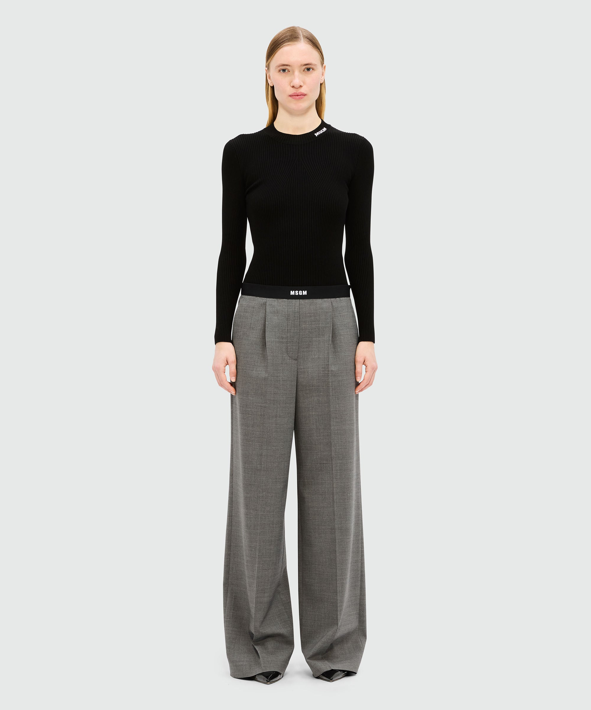 Anthracite palazzo trousers in cool wool with elastic band and MSGM logo - 2