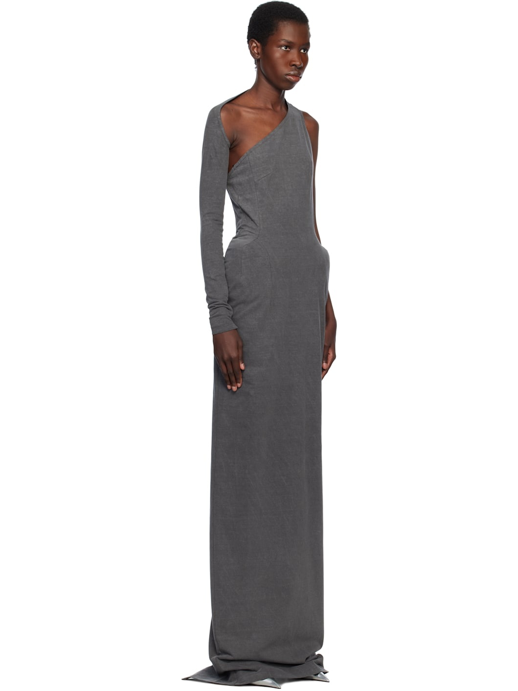 Gray Asymmetric Darted Slim Maxi Dress - 2