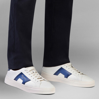 Santoni Men’s white and blue leather double buckle sneaker outlook