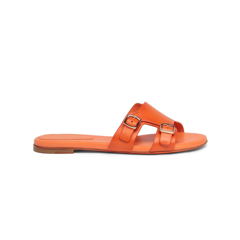 Women's orange leather double-buckle slide sandal 1