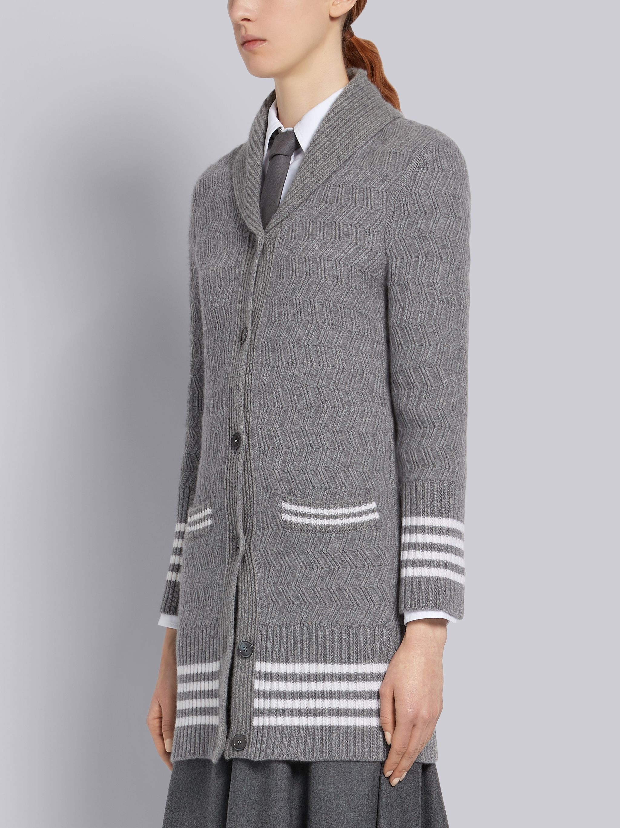 Medium Grey Cashmere Racking Stitch Shawl Collar Cardigan - 2