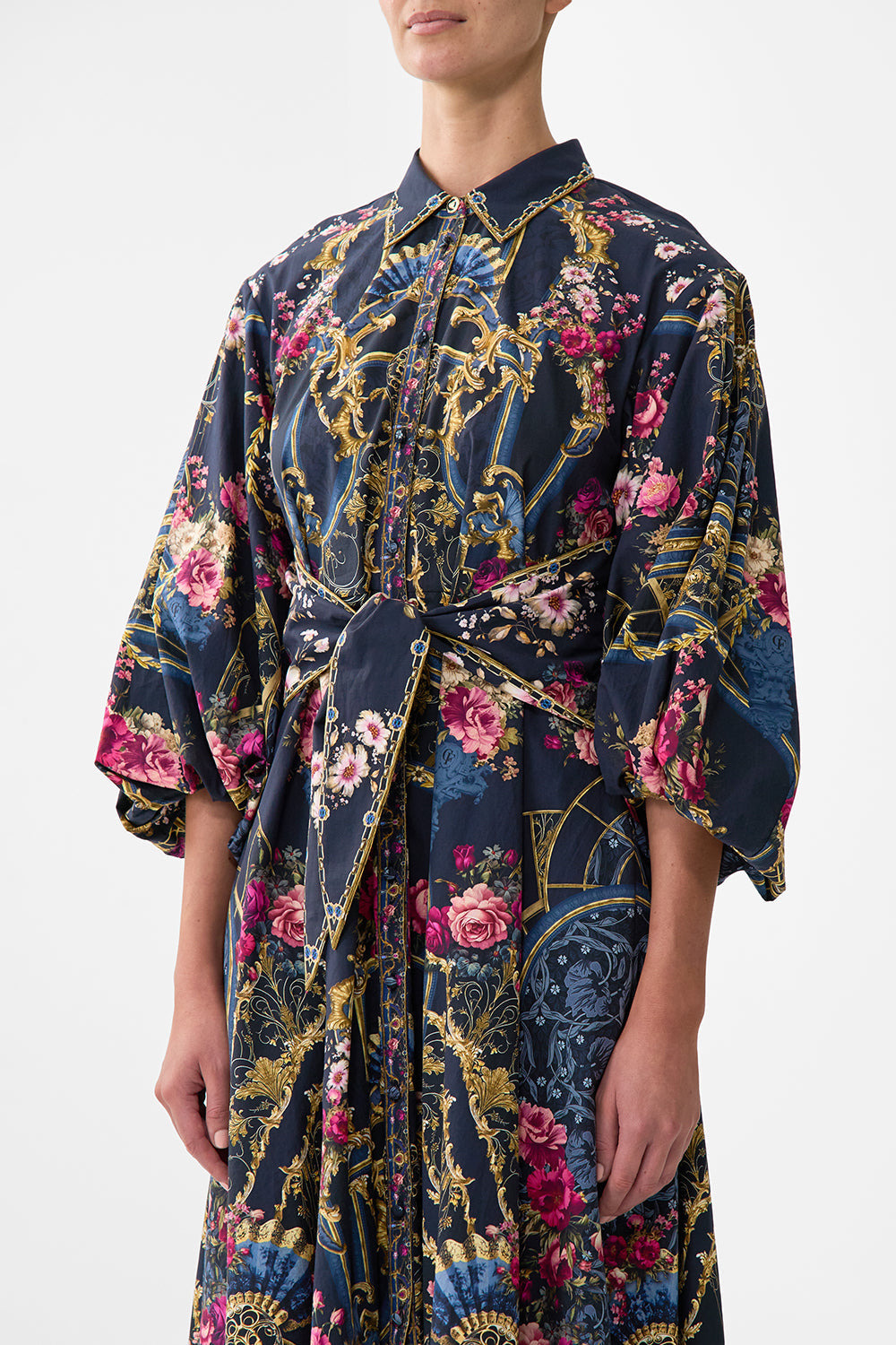 WAIST TIE SHIRT DRESS WITH BUBBLE SLEEVE - 5