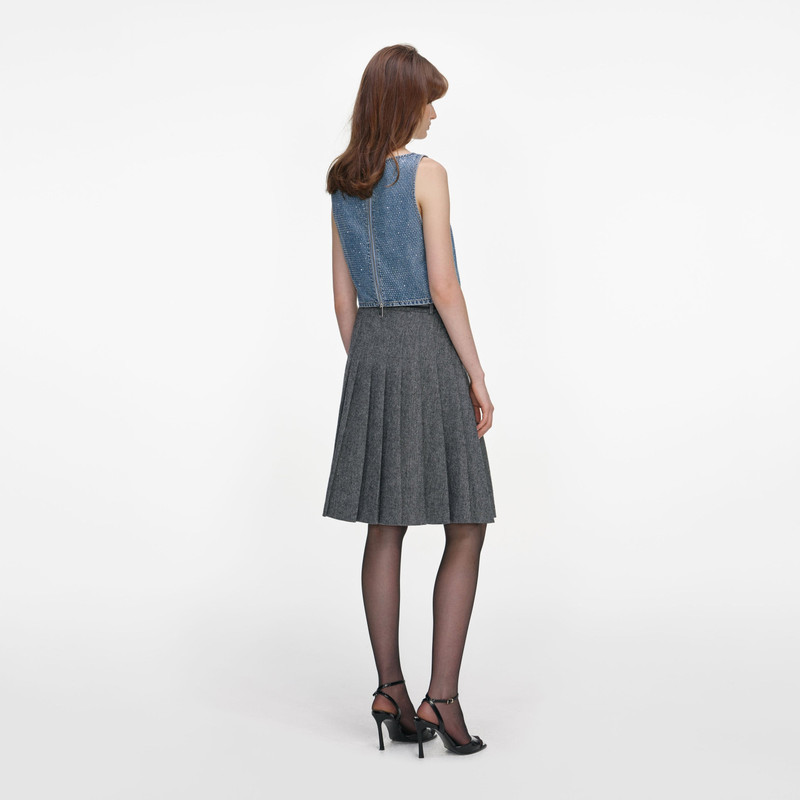 self-portrait Grey Herringbone Pleated Midi Skirt outlook