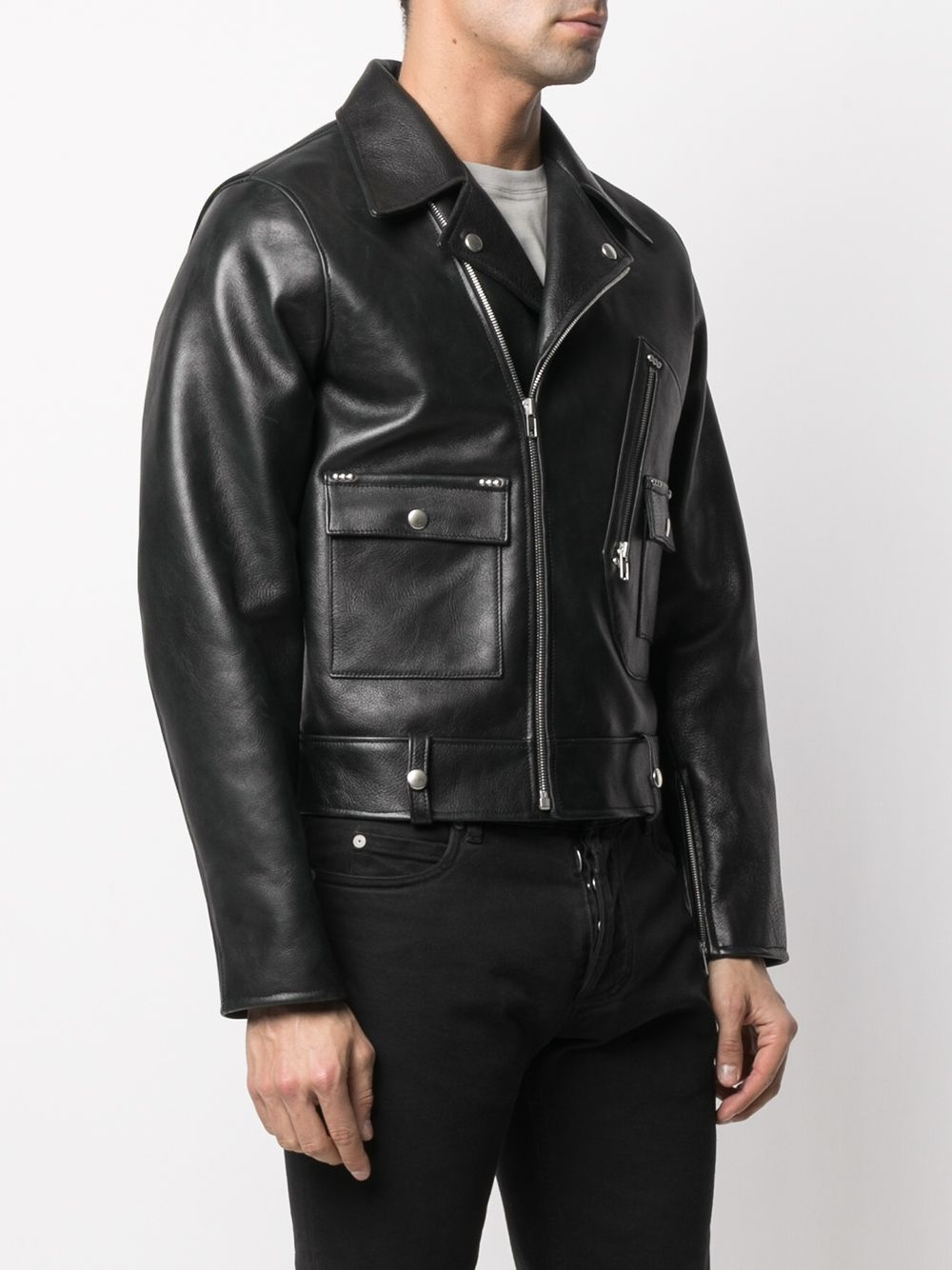 notched-lapel leather jacket - 3