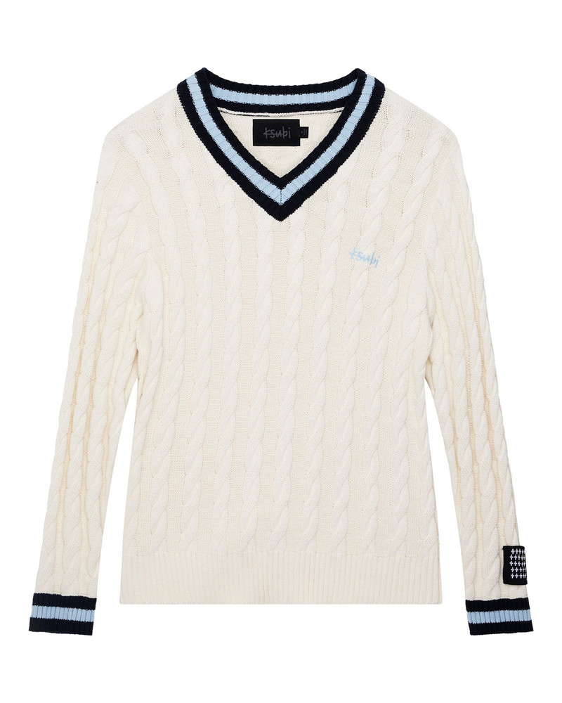 PRINCETON CABLE KNIT V NECK VINTAGE WHITE 4