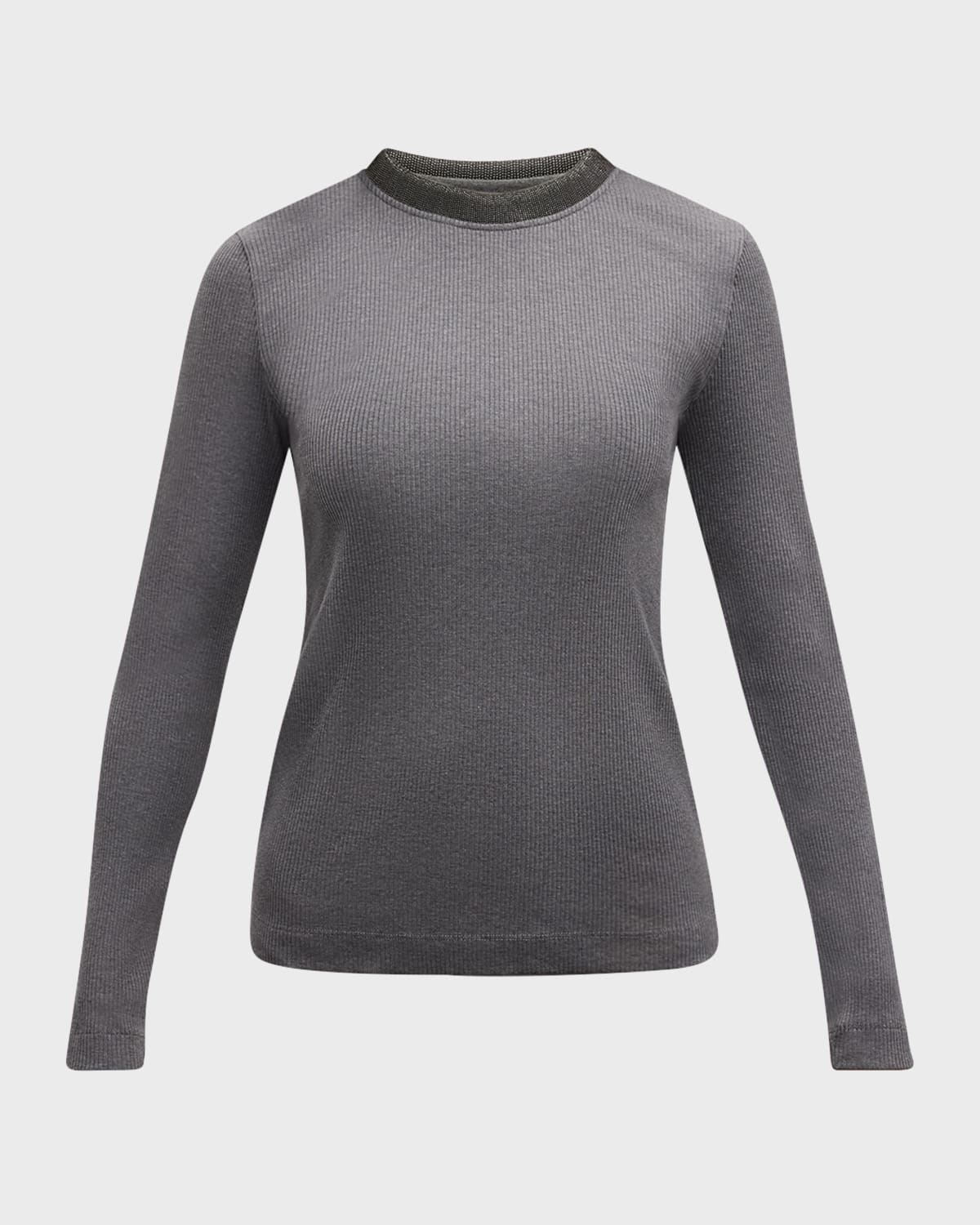 Cotton Stretch Ribbed Knit Top with Substantial Monili Collar - 1