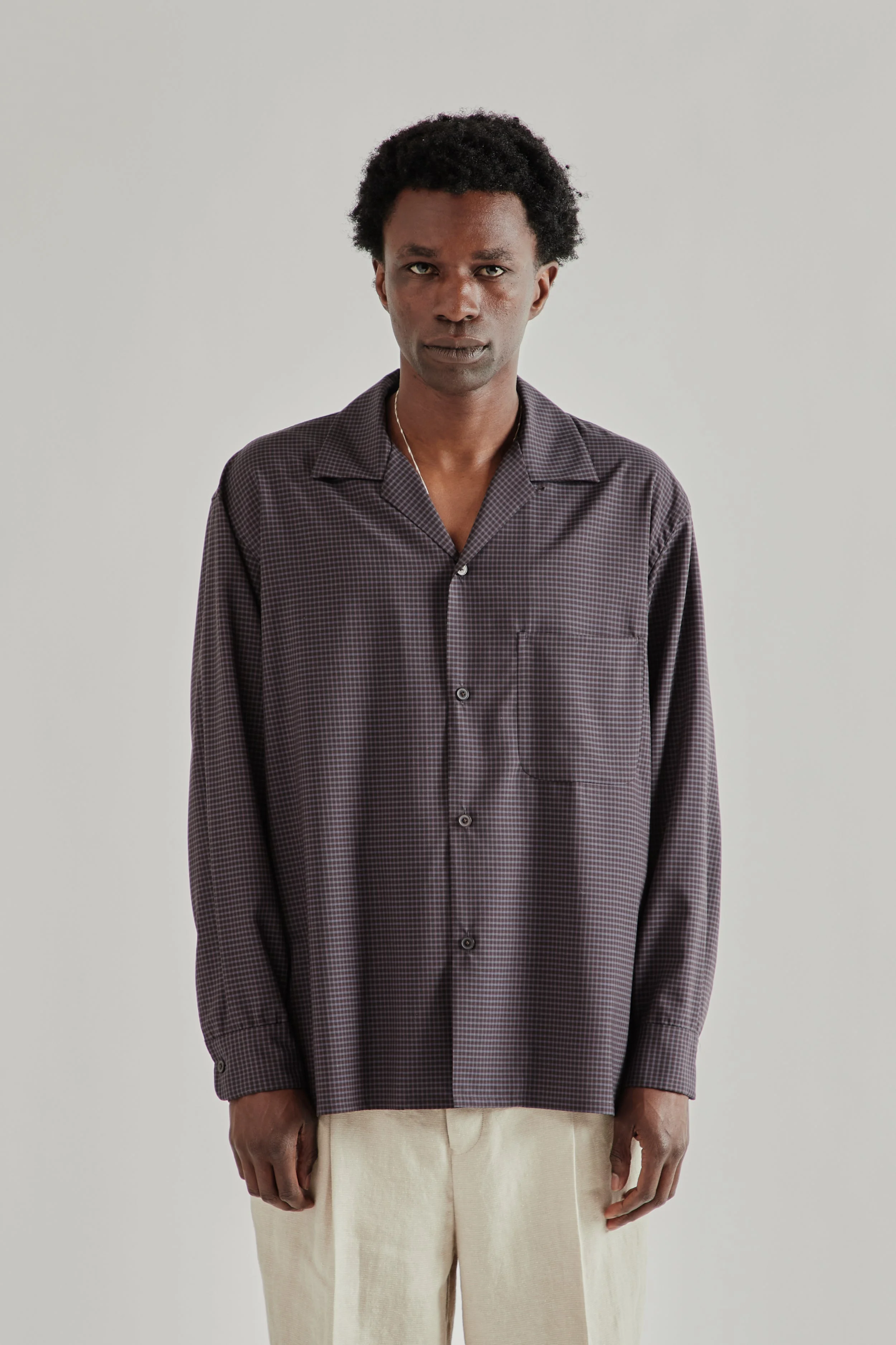 Summer Wool Open Collar Shirt - Brown Plaid - 1