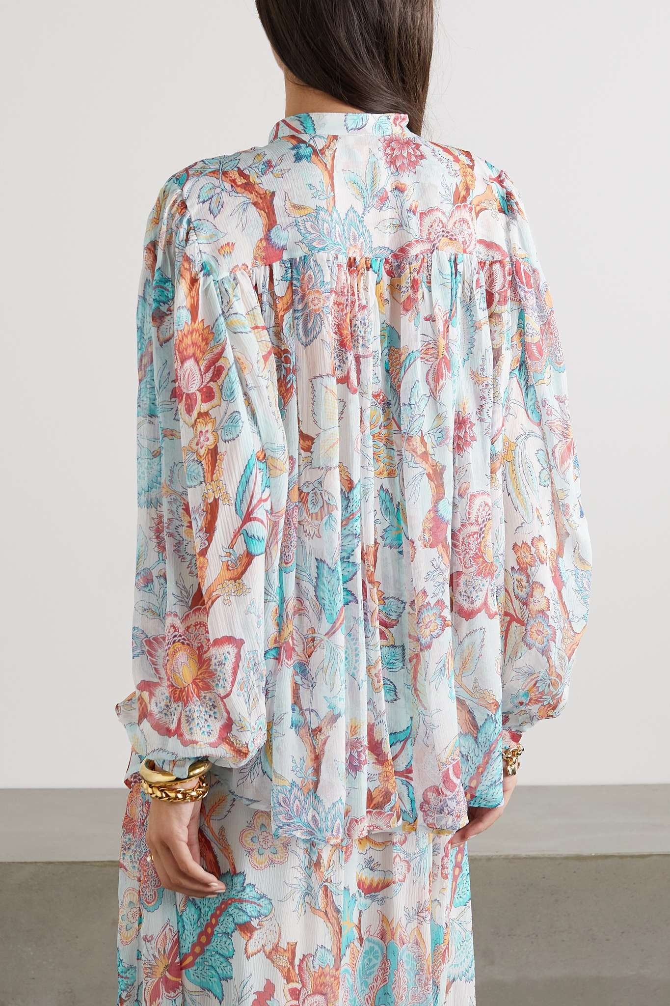 Pleated floral-print silk-chiffon blouse - 4