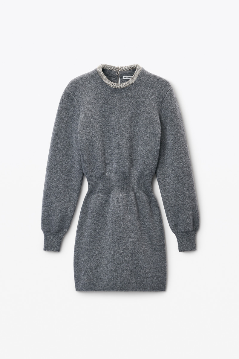 Long Sleeve Dress in Wool Blend with Crystal Hotfix Trim 1