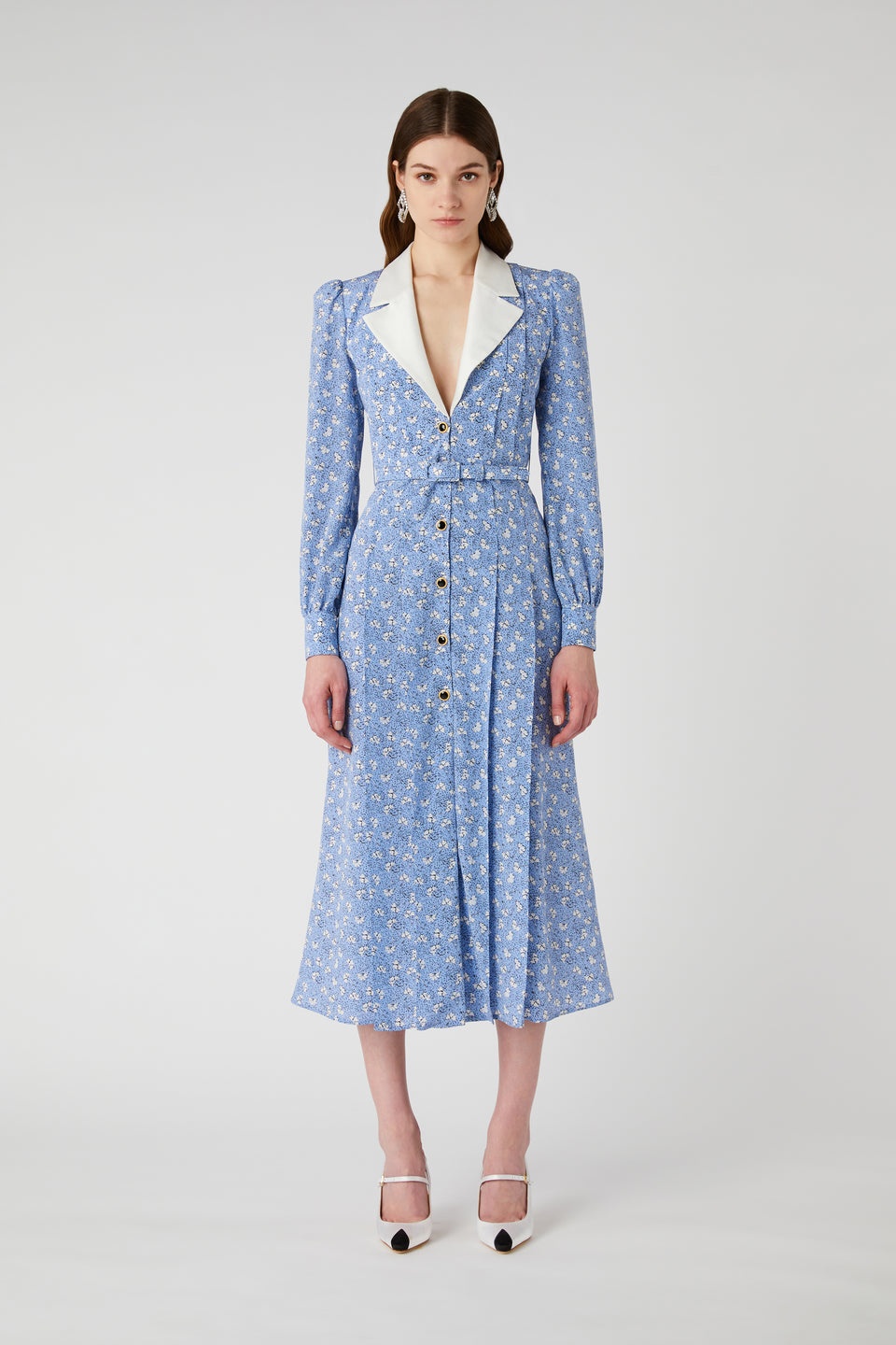 CLOVER PRINT SILK DRESS WITH MIKADO COLLAR, BELT - 4