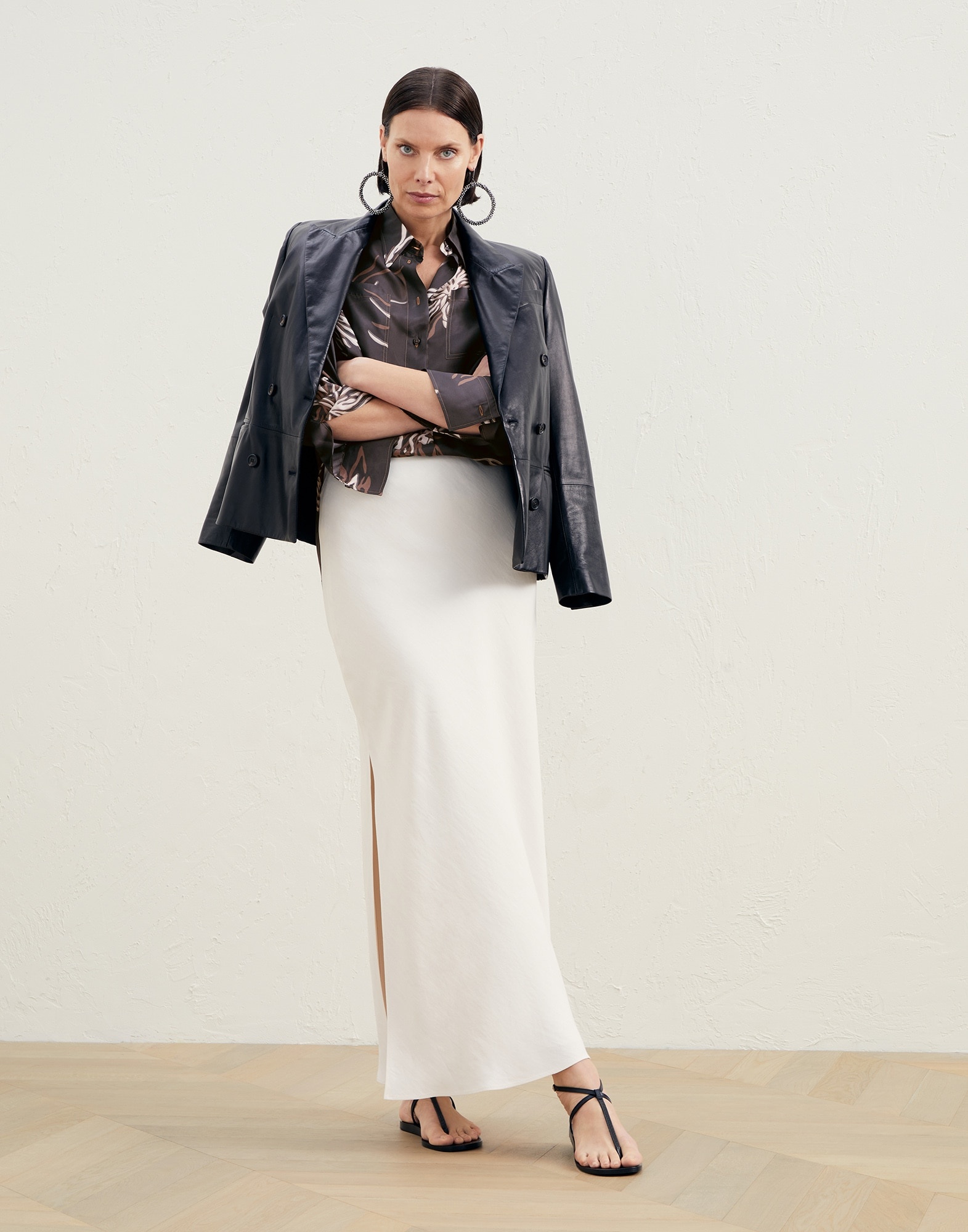 Silk marine flower pongee shirt with monili - 5