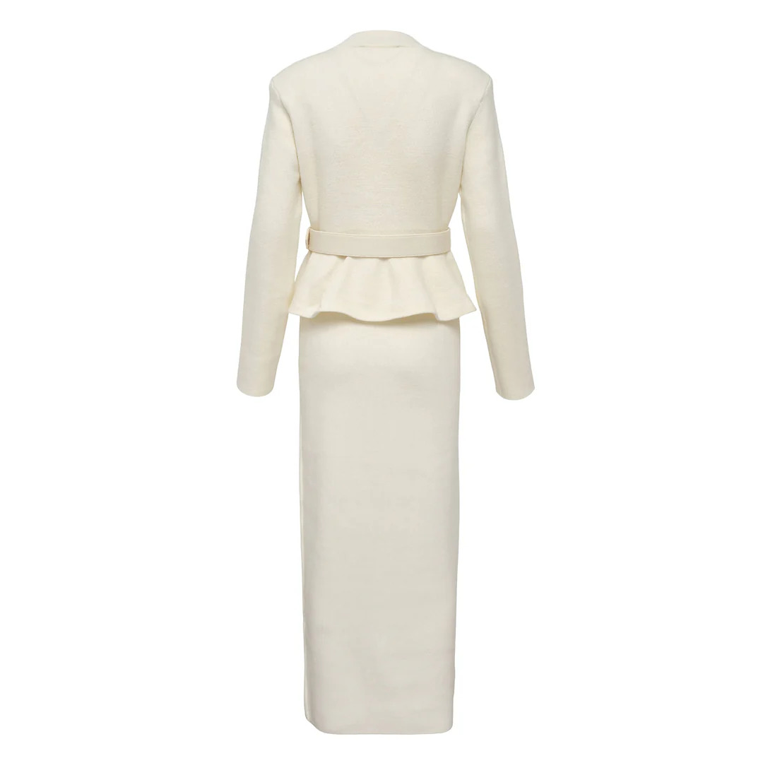 Cream Wool Peplum Knit Midi Dress - 2