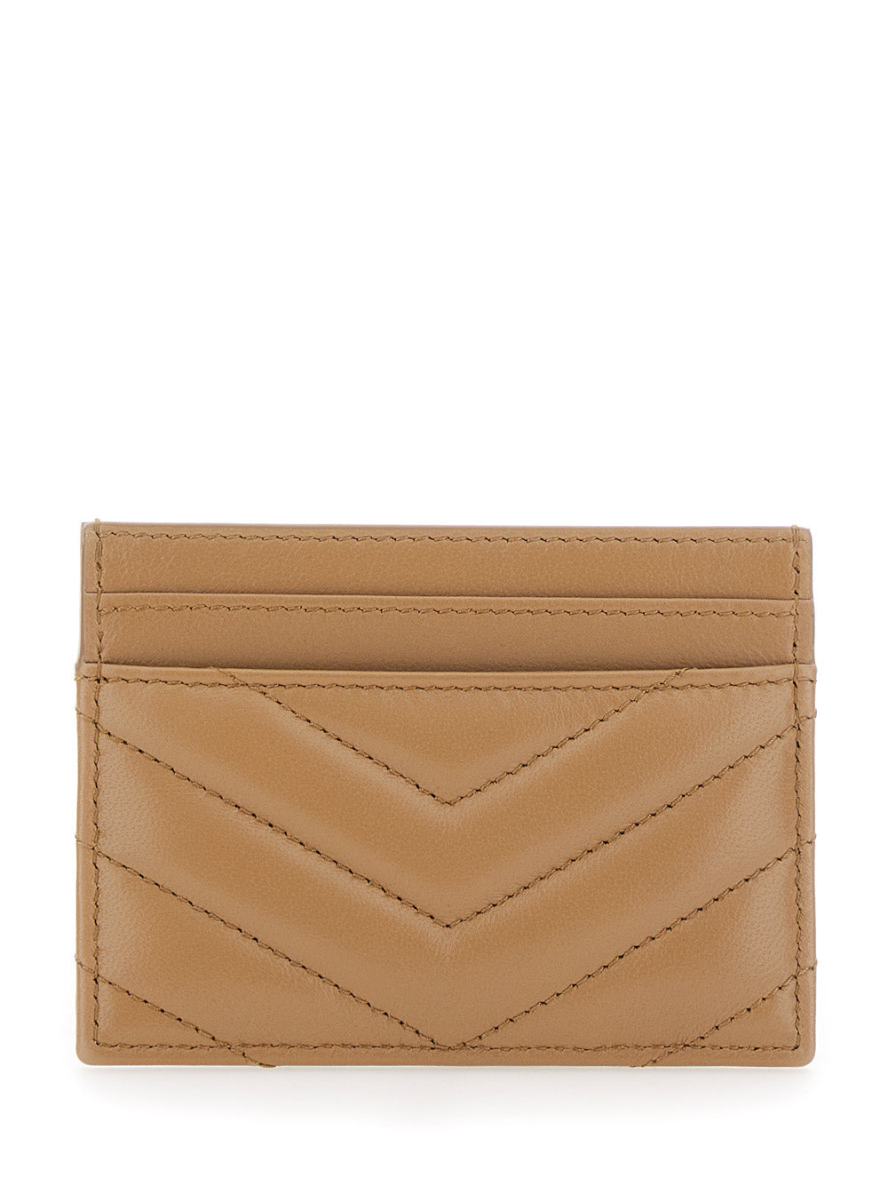 Saint Laurent Women Beige Card Holder With Cassandre Plaque On Front In Chevron Leather Woman - 4