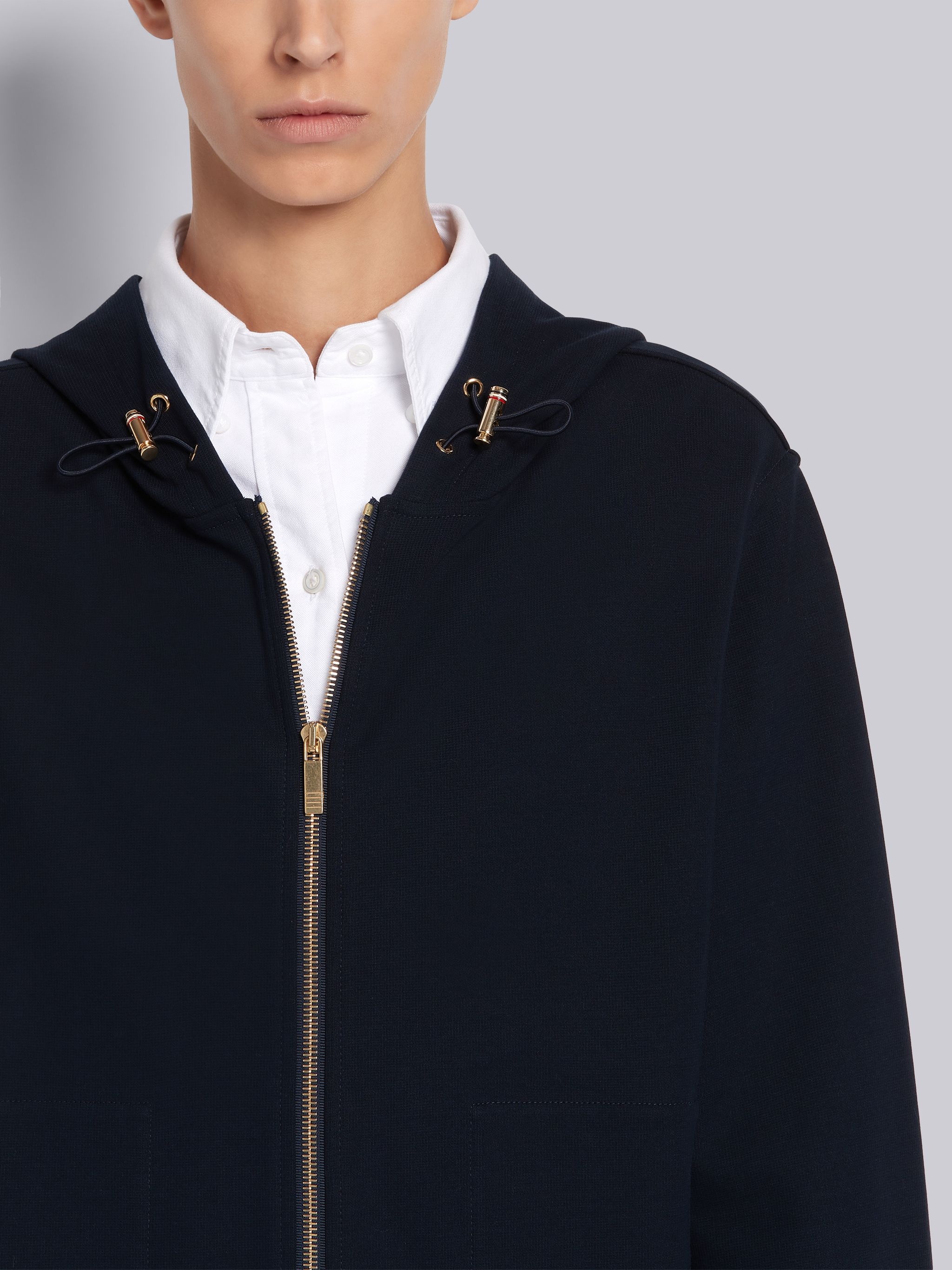 Navy High Twist Cotton Center Back Stripe Boxy Zip-up Parka - 5