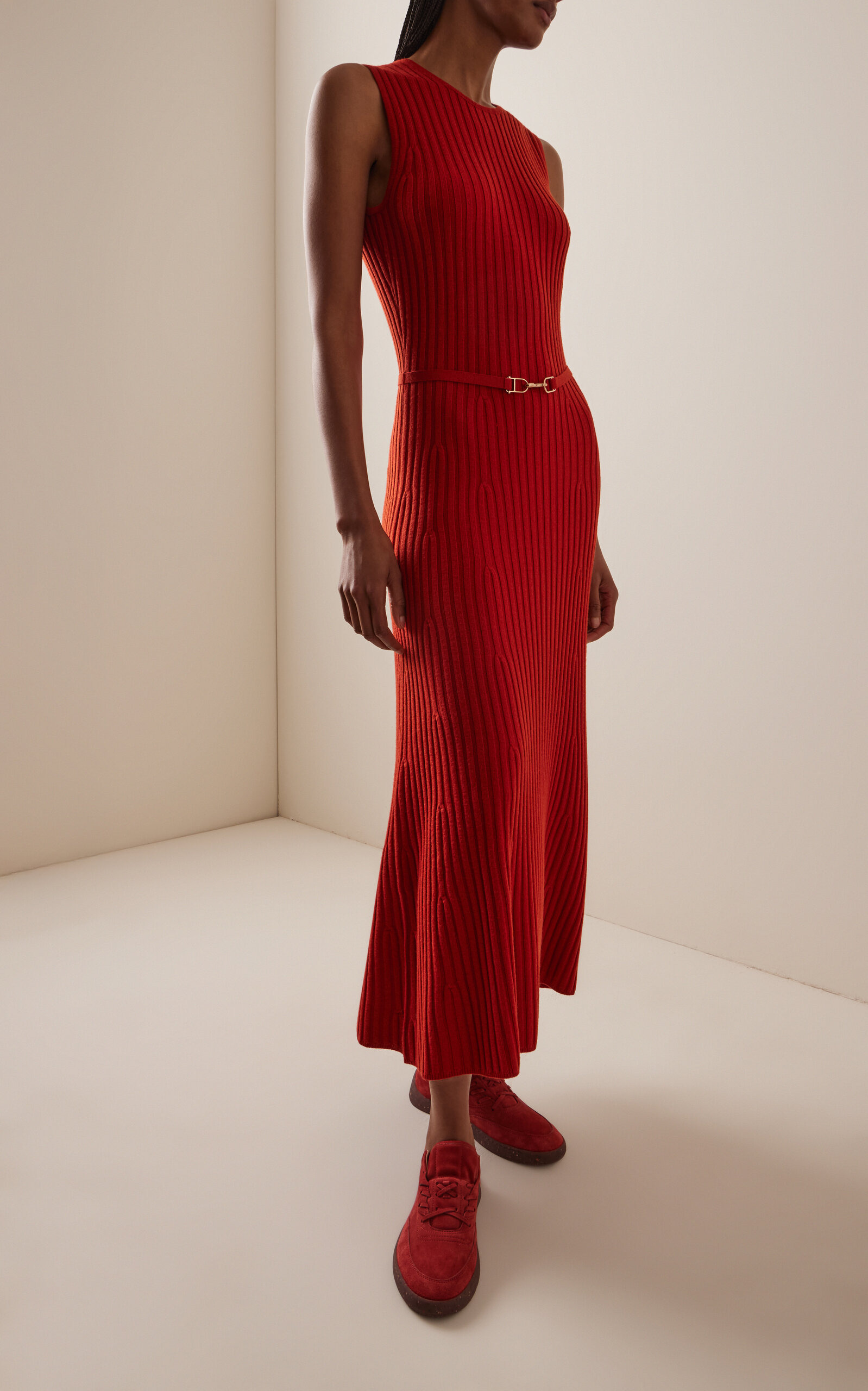 Meier Belted Knit Cashmere-Silk Midi Dress orange - 2
