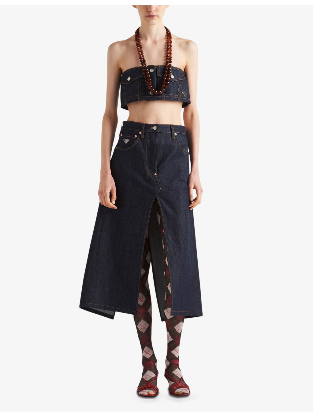 Logo-badge flared high-rise selvedge-denim midi skirt - 2