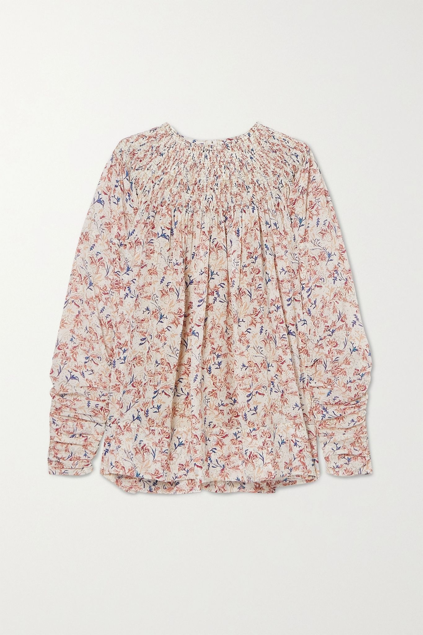 Ruched shirred floral-print silk blouse  - 1