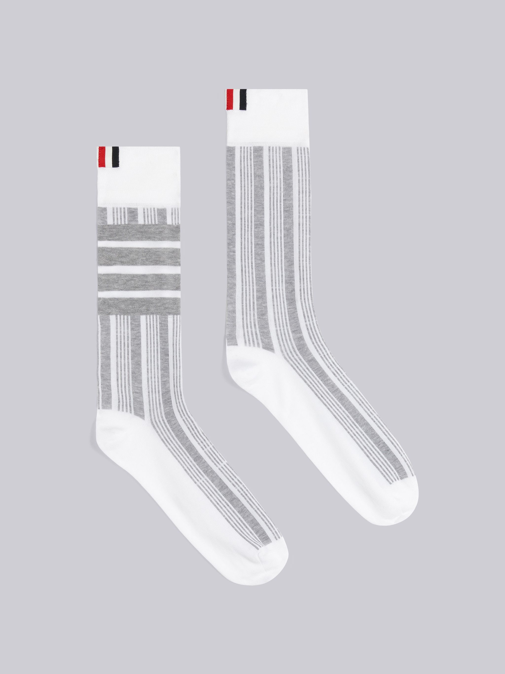 Light Grey Mercerized Cotton 4-Bar Striped Mid Calf Socks - 1