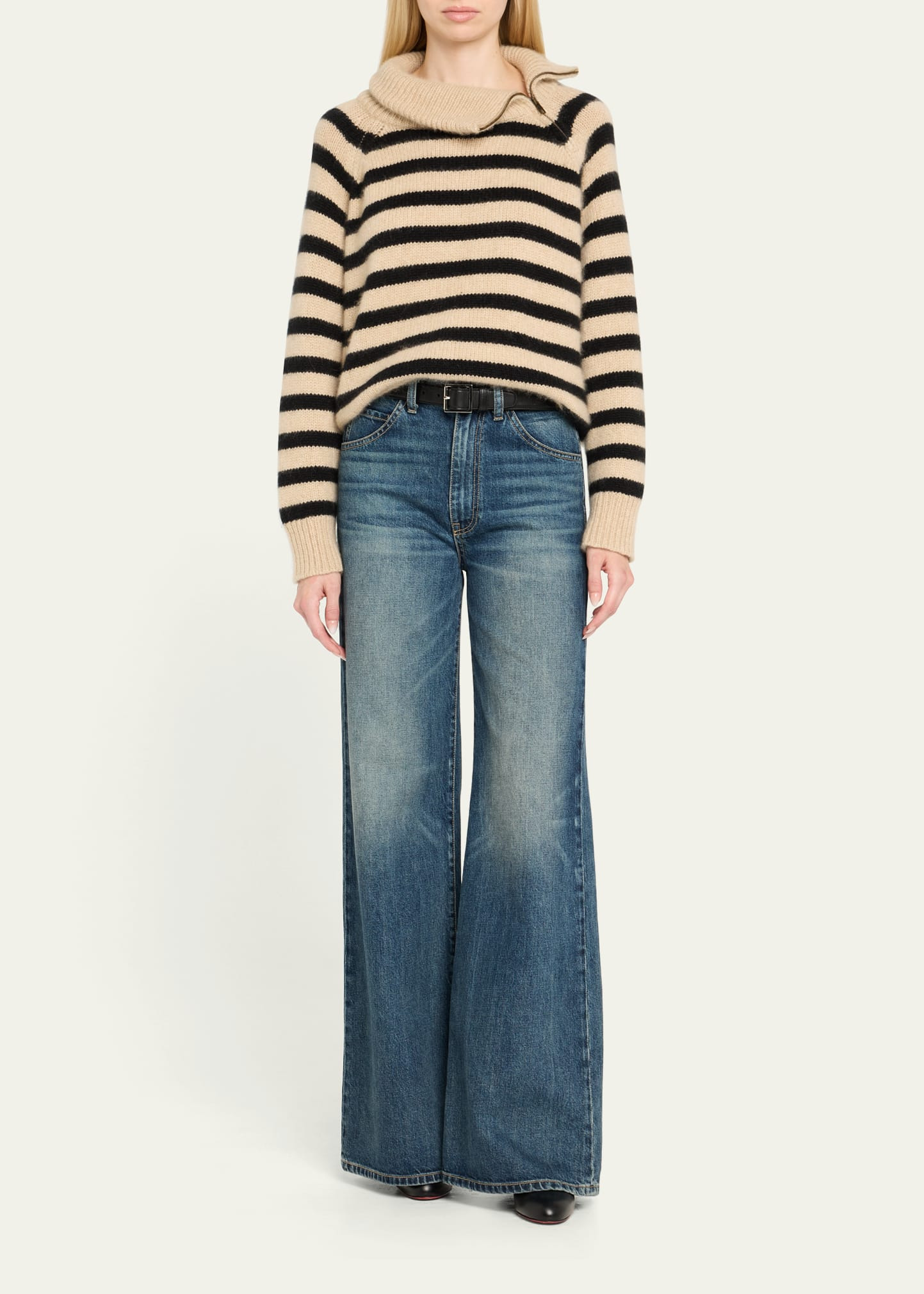 Raelyn Striped Zip Turtleneck Cashmere Sweater - 2