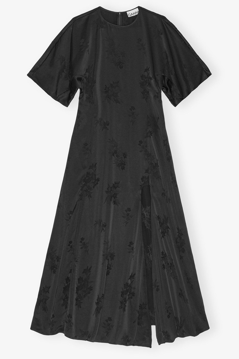 BLACK FLUID SATIN JACQUARD SLIT DRESS 1