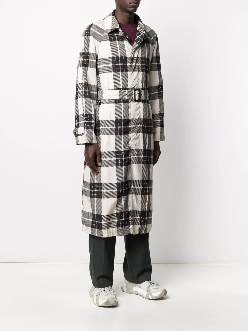 belted check-print coat - 3