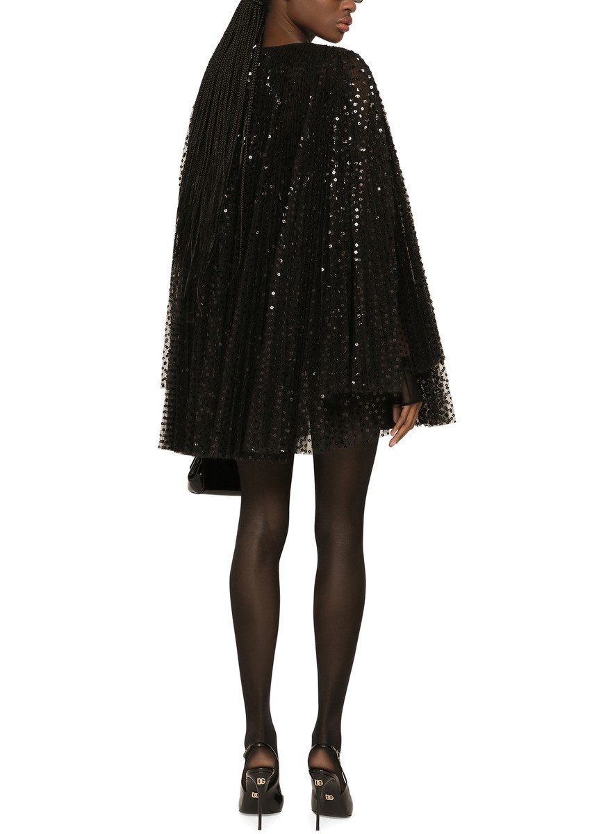 Pleated Short Dress with Wide Sleeves in Sequins - 3