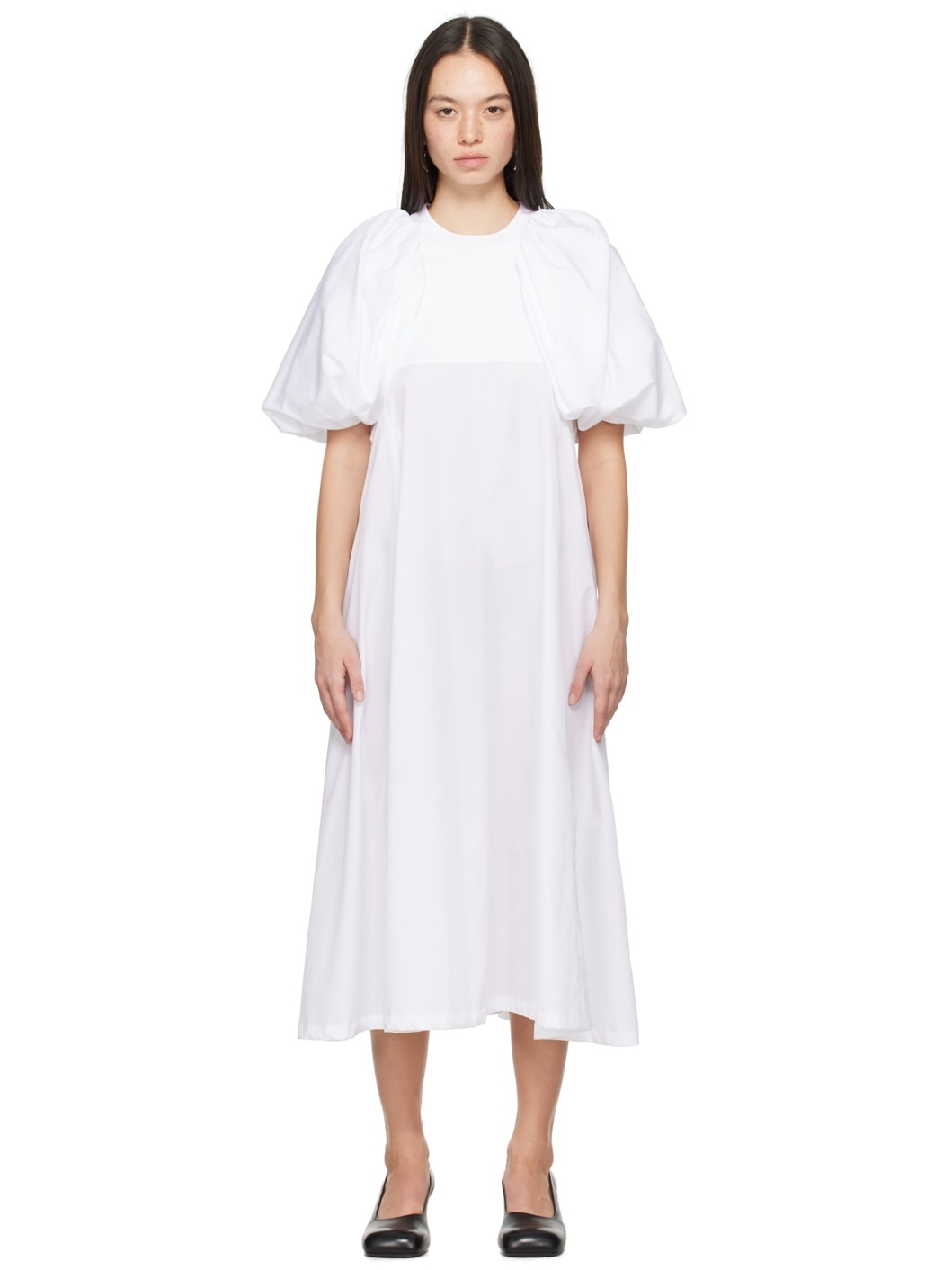 White Puff Sleeve Midi Dress - 1