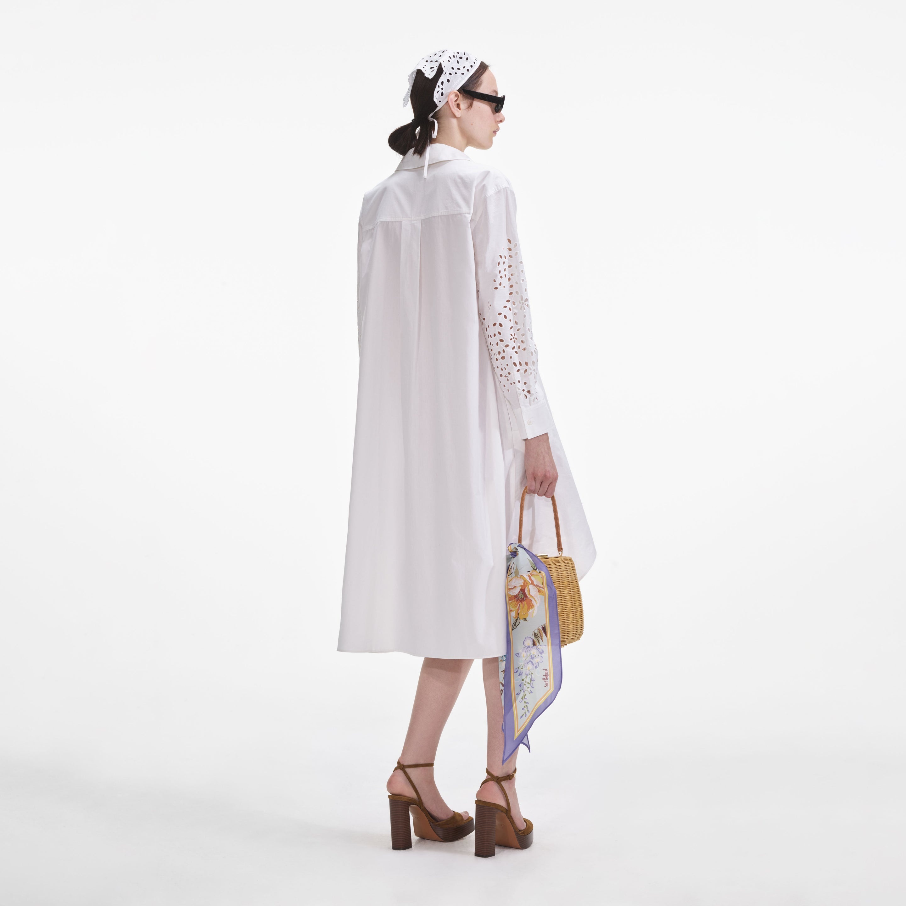 White Cotton Embroidered Shirt Dress - 3