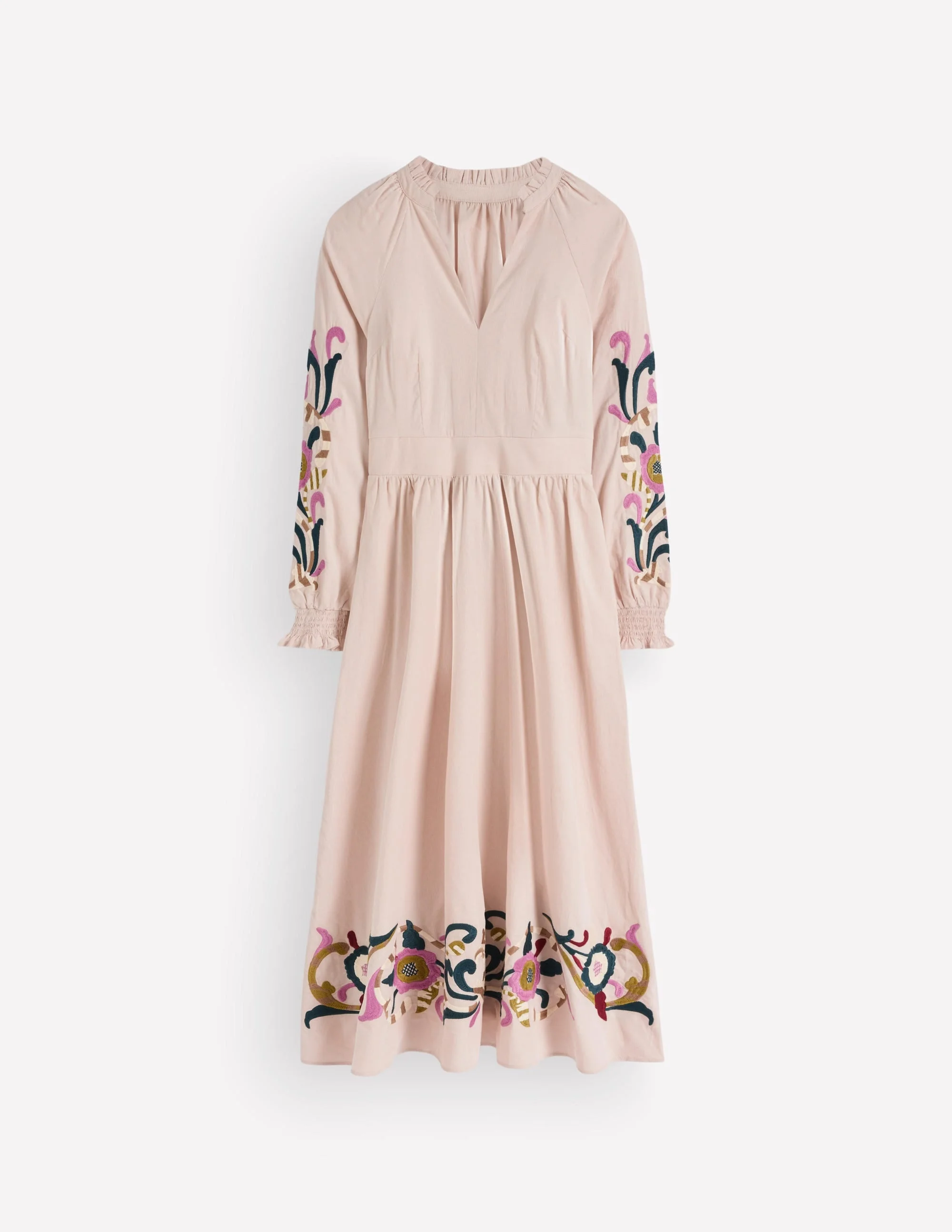 Smocked Cord Midi Dress-Almond Peach, Embroidery - 1