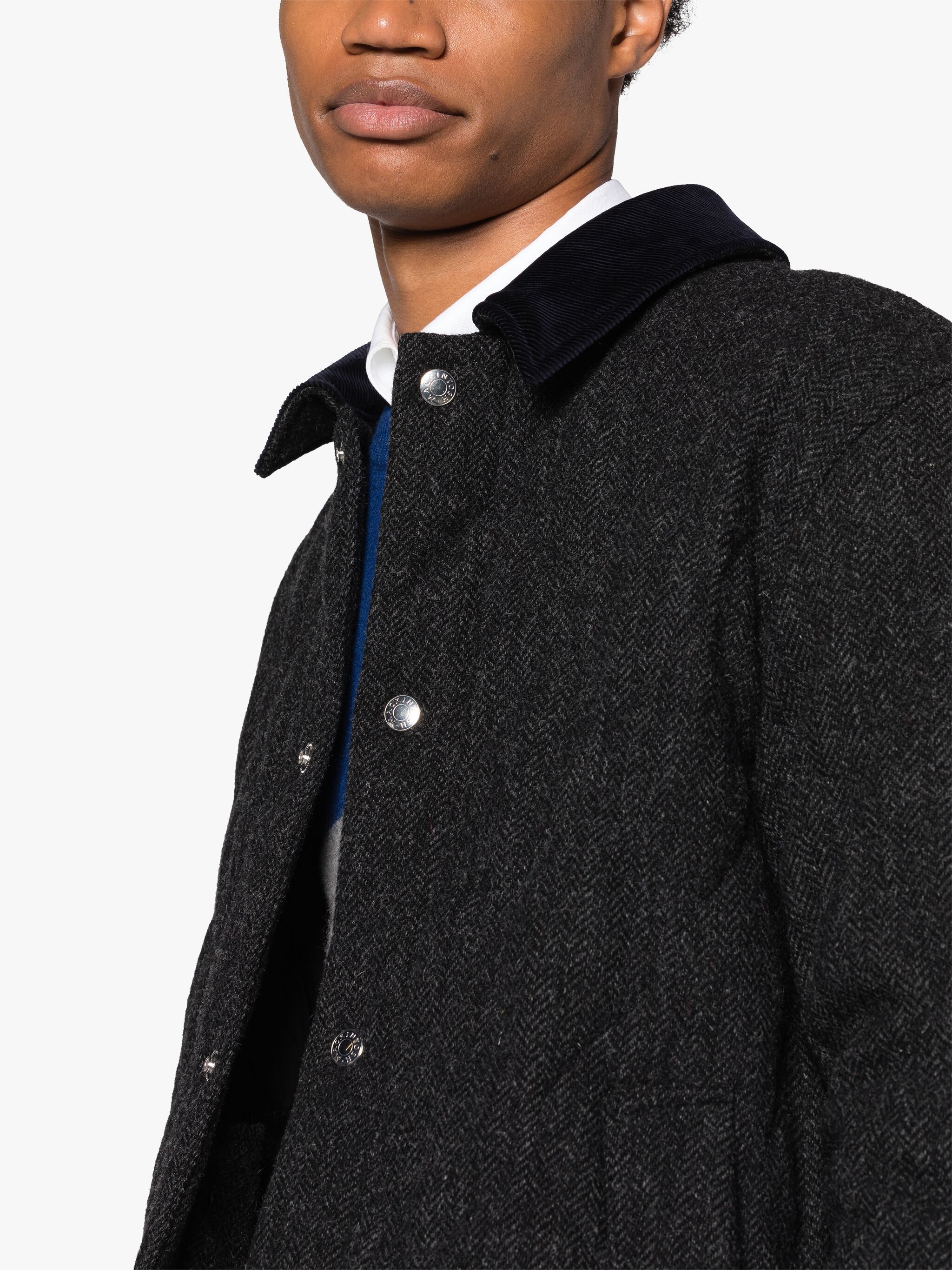 TEEMING CHARCOAL HERRINGBONE WOOL QUILTED COACH JACKET - 5