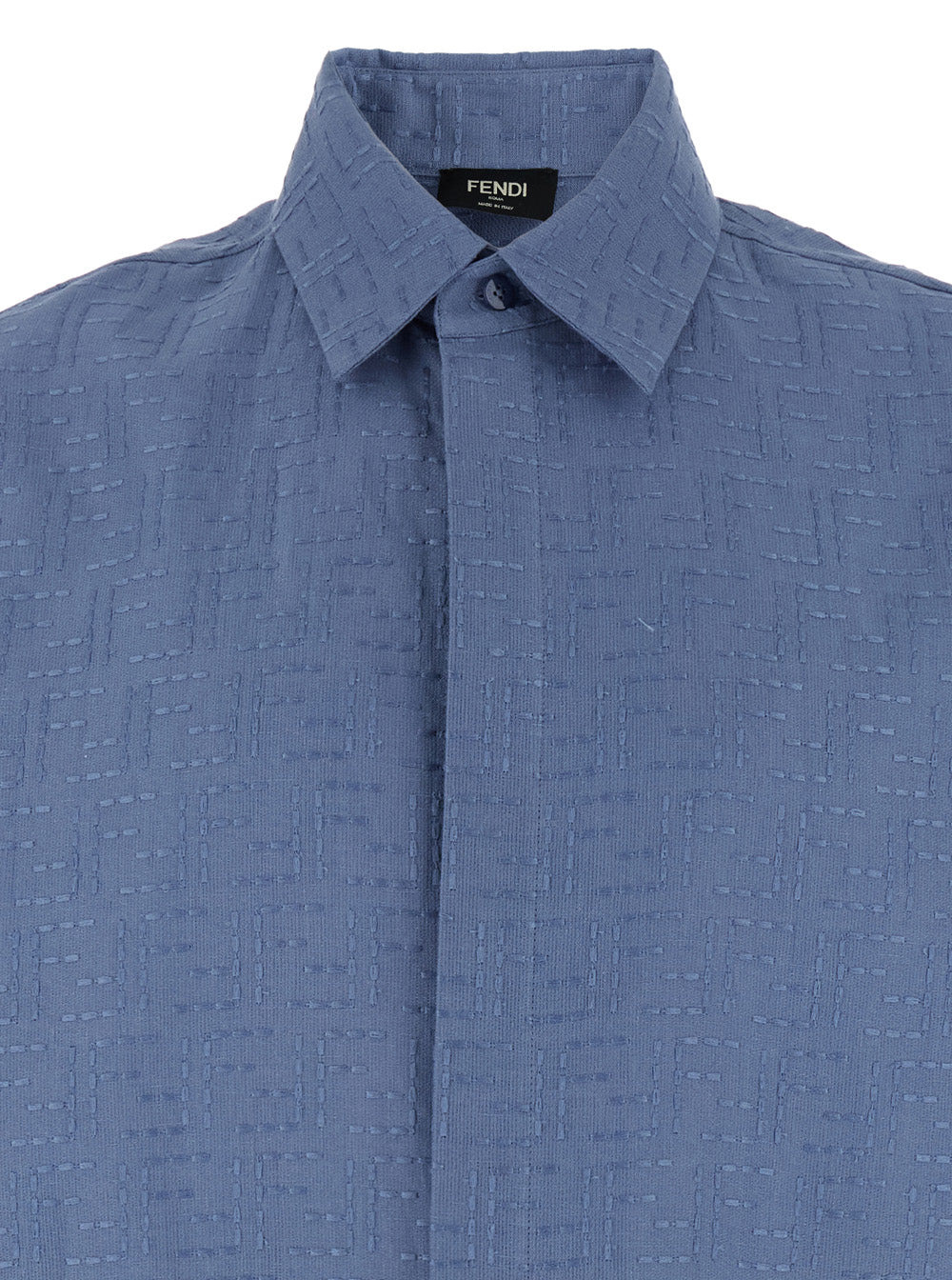 Fendi Men Blue Shirt With Pointed Collar And All-Over Ff Motif In Linen Blend Man - 3