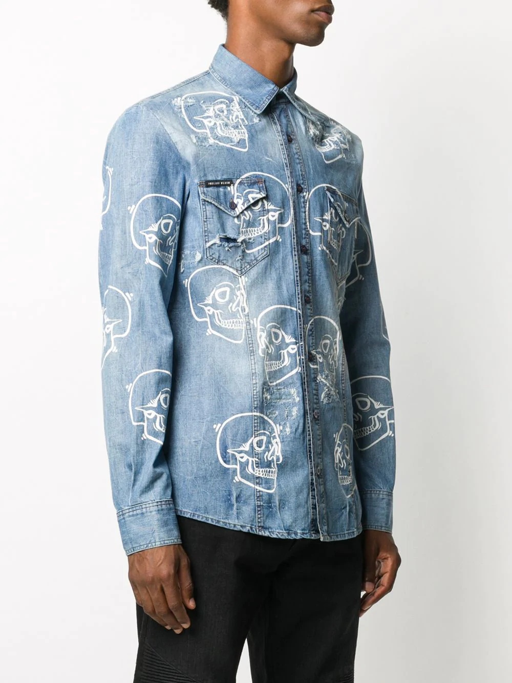 skull print denim shirt - 3