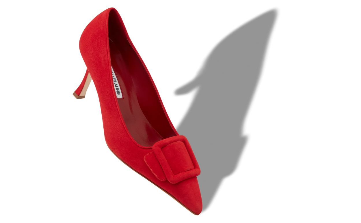 Bright Red Suede Buckle Detail Pumps - 2