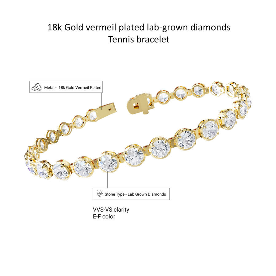 Diamond2Deal - Diamond2Deal 18k Vermeil Plated Silver 10.5 Ct Round Lab Grown Diamond Tennis Bracelet 7" VVS-VS, E- - 3
