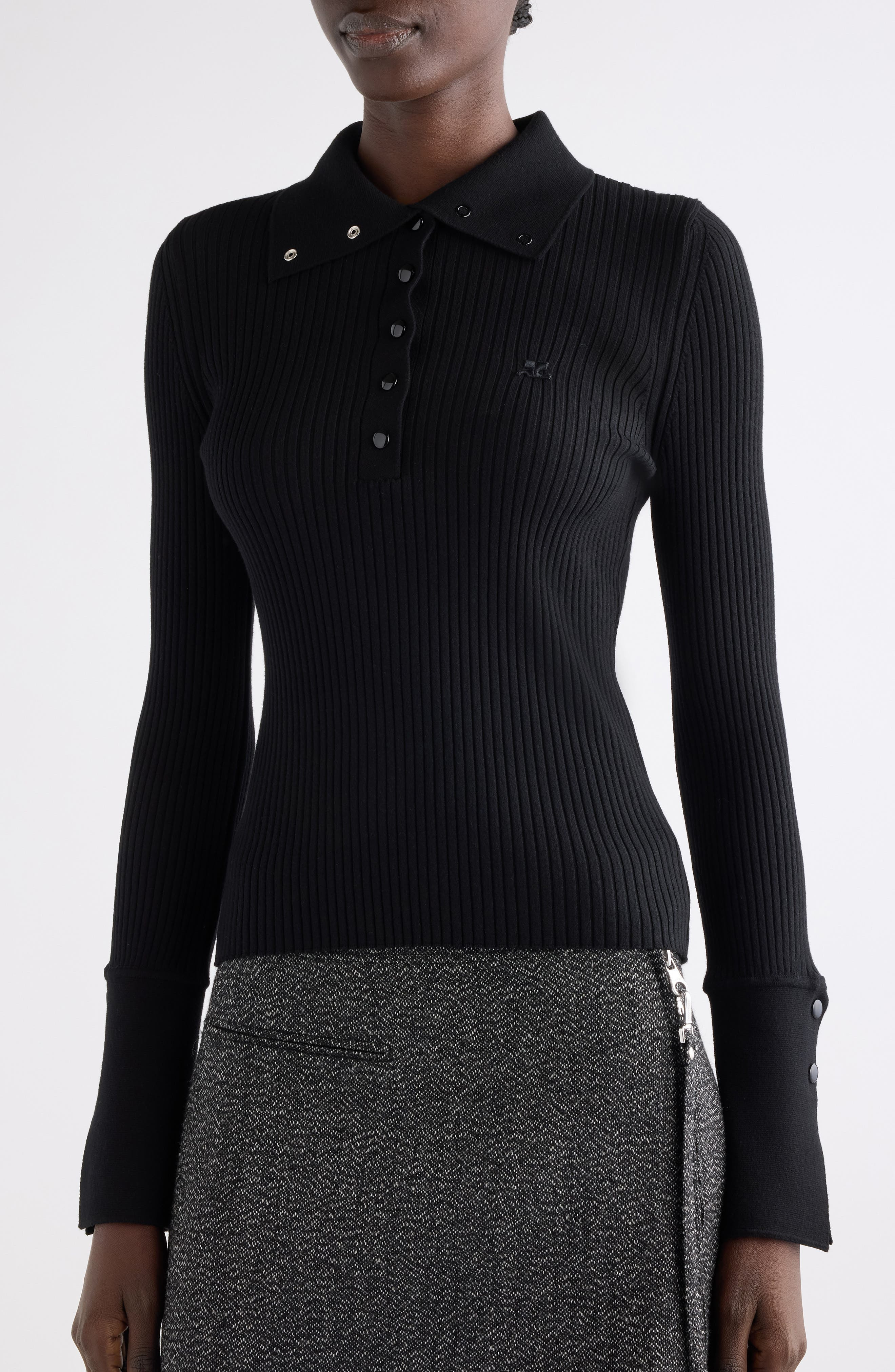 Courrèges Light Rib Cotton & Merino Wool Half Snap Sweater in Black at Nordstrom - 5