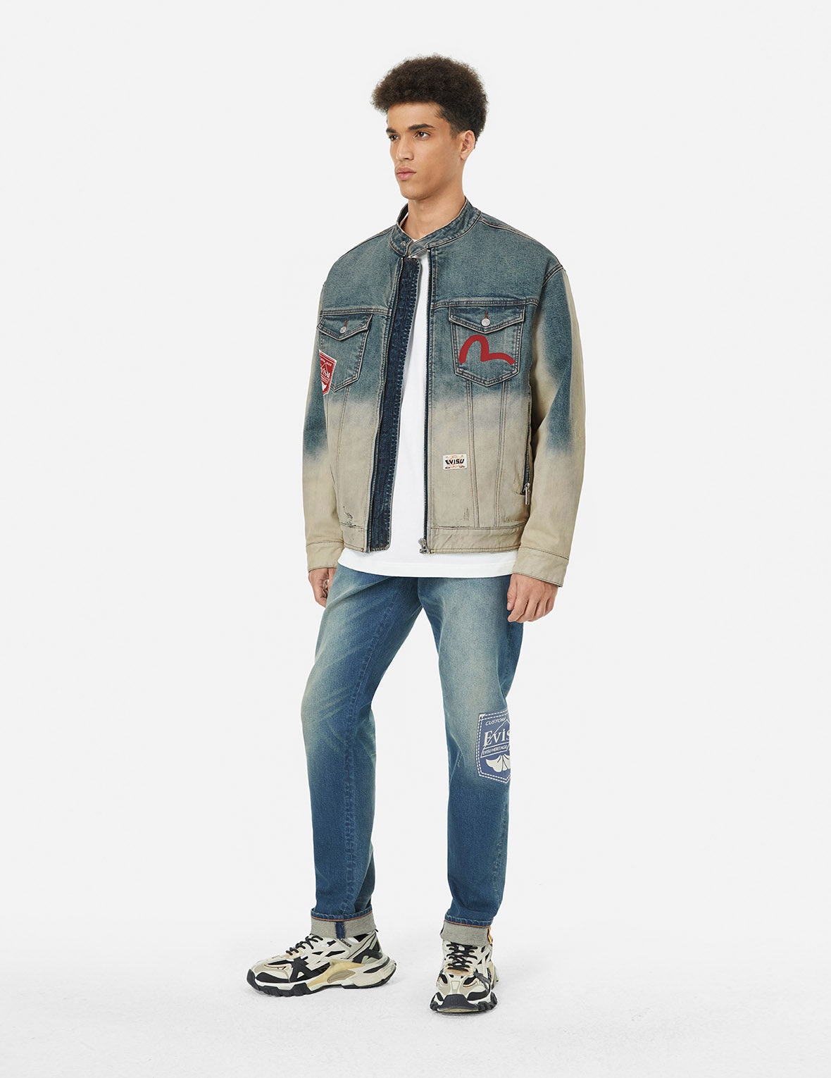 Ebisu Print and Multi-Pocket Loose Fit Biker Denim Jacket - 4
