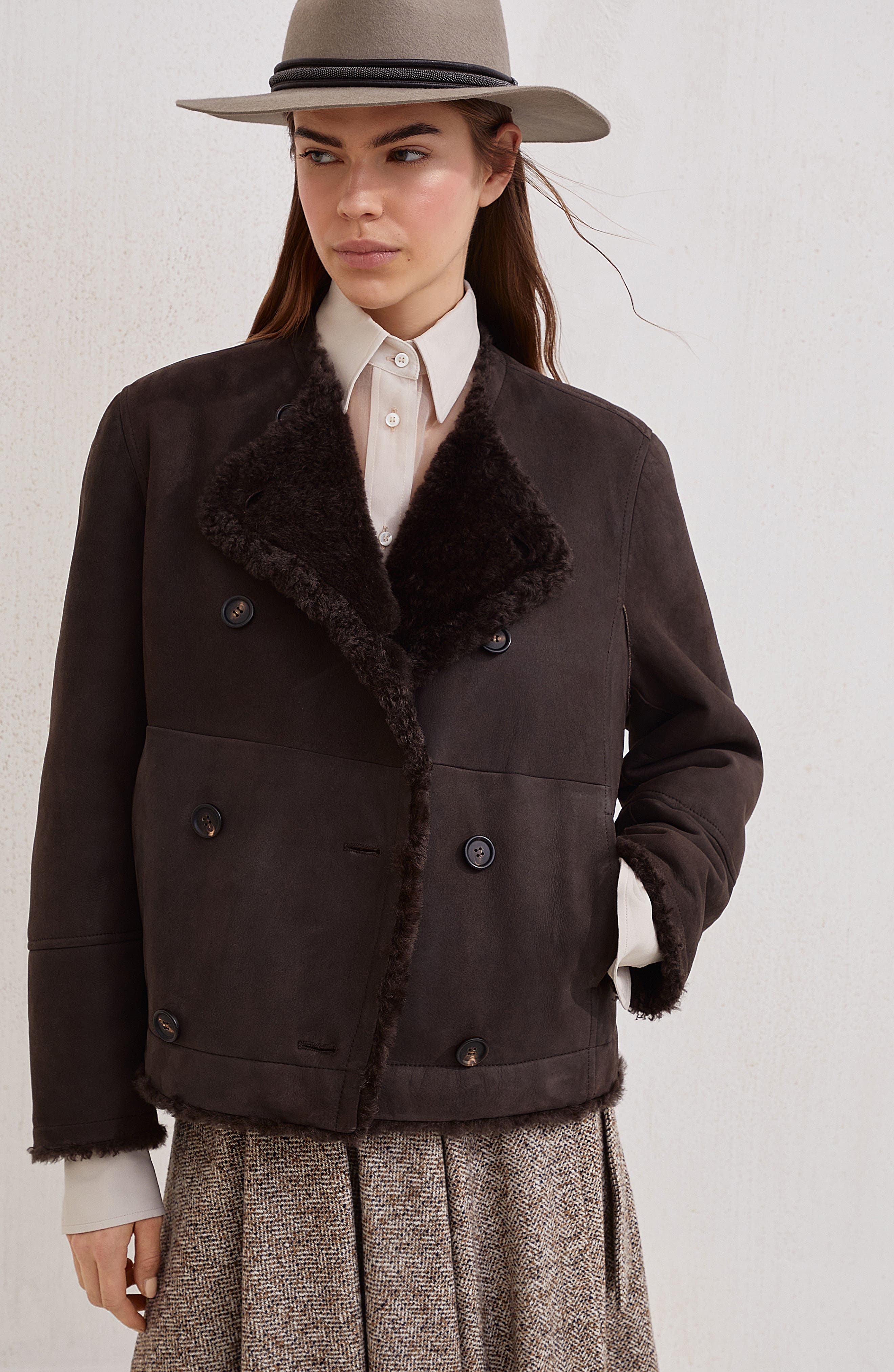 Brunello Cucinelli Fuzzy shearling cropped pea coat in Rust Brown at Nordstrom - 4