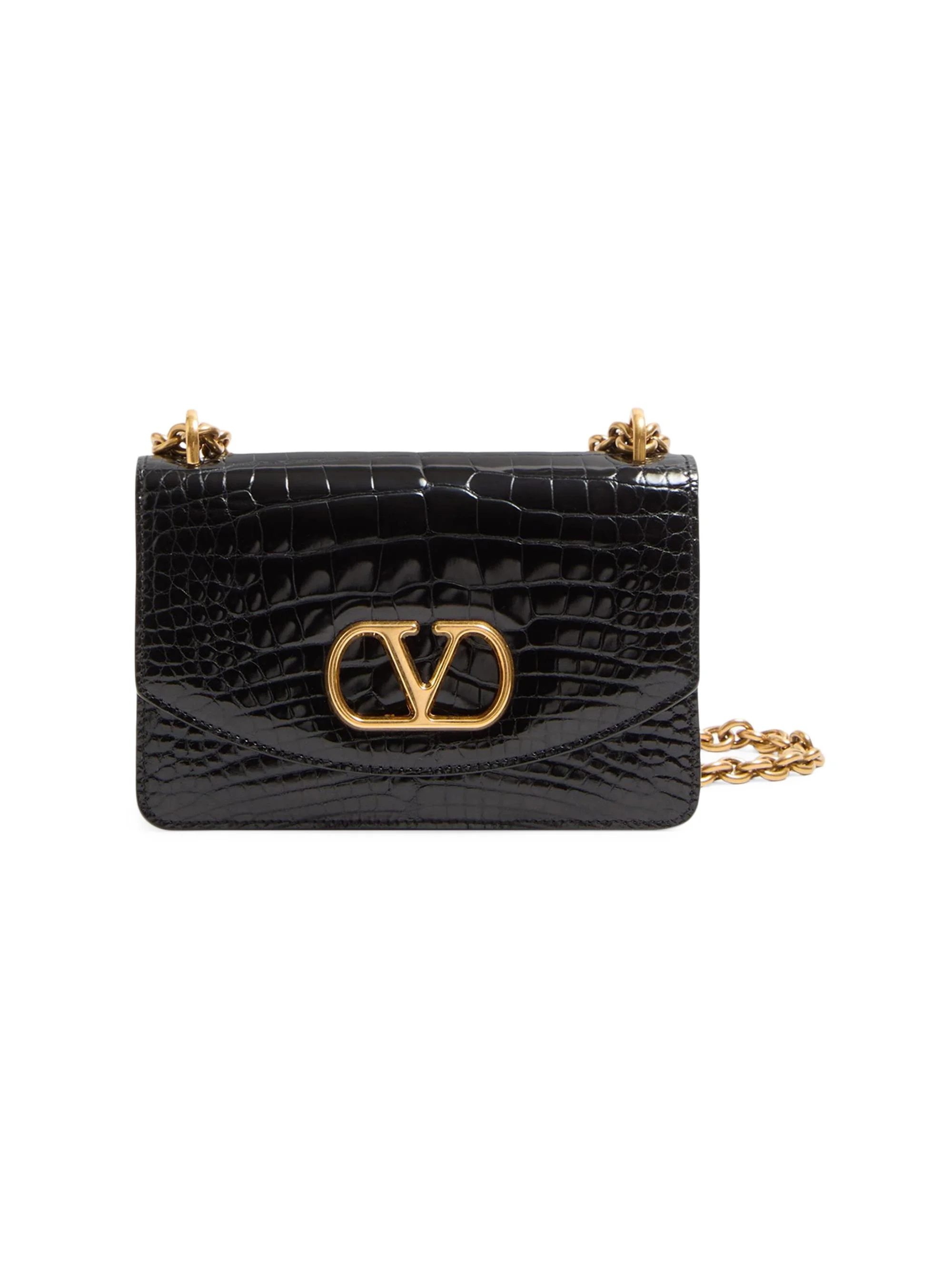 Women's Vain Small Shoulder Bag in Crocodile Leather - Black - 1