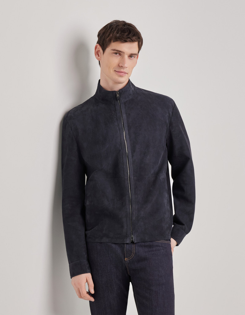 CARAMEL MIXED-MATERIAL ULTRALIGHT SUEDE BOMBER JACKET WITH KNIT INSERTS 275