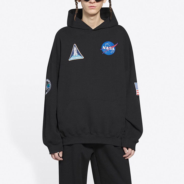 Men's Balenciaga x NASA FW21 Crossover Logo Cotton Classic hooded Loose Long Sleeves Black 651799TKV - 3