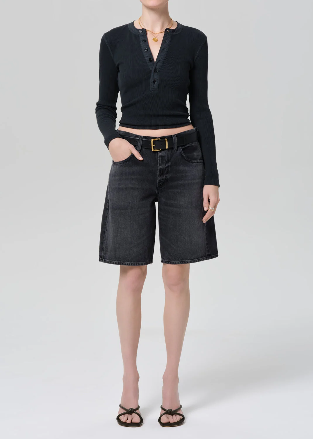 Drea Waffle Henley In Washed Black - 1