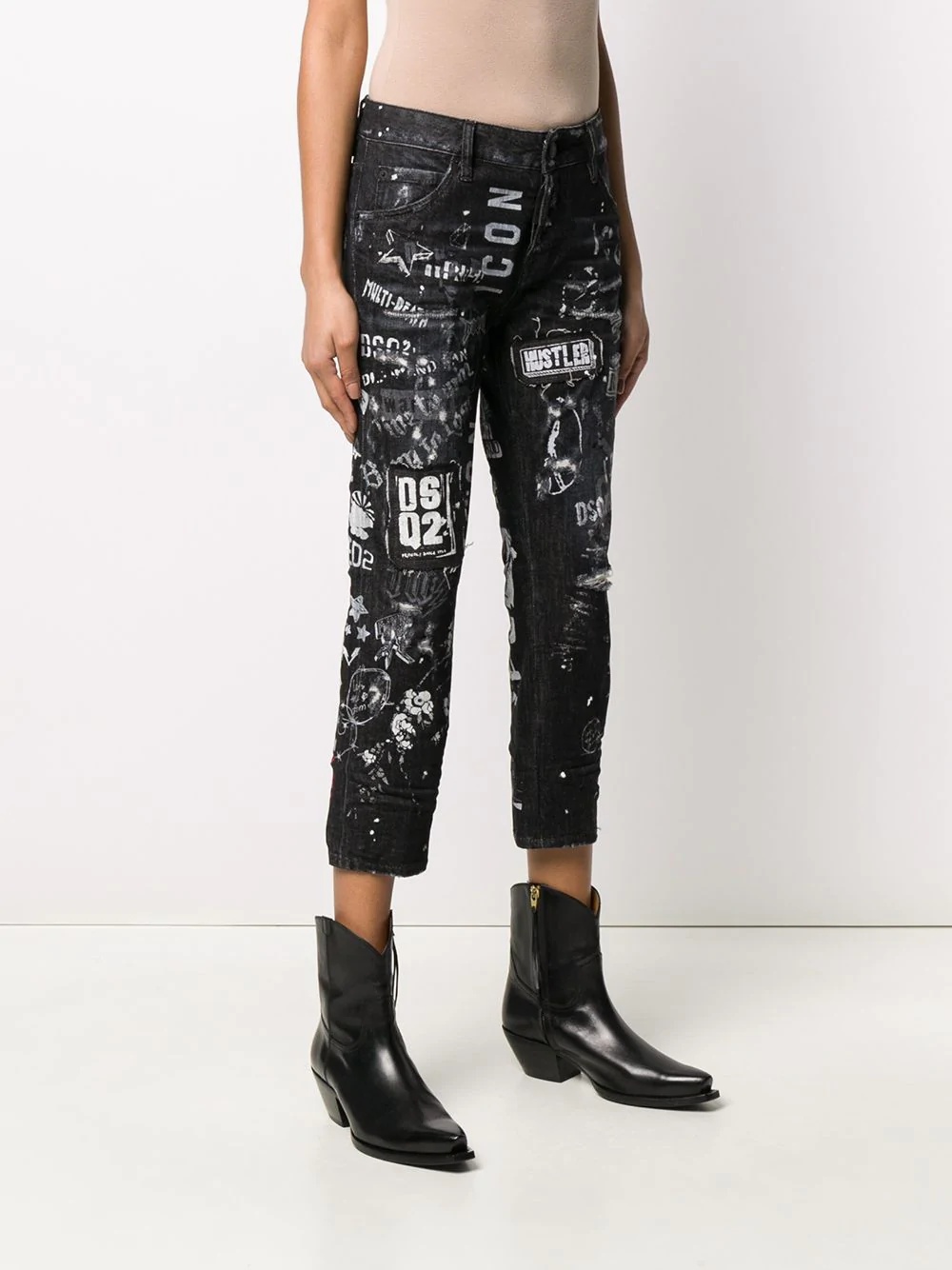 logo print distressed cropped jeans - 3