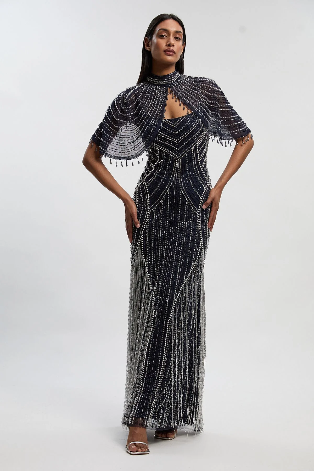 Crystal Embellished Woven Maxi Dress With Removeable Cape - 1