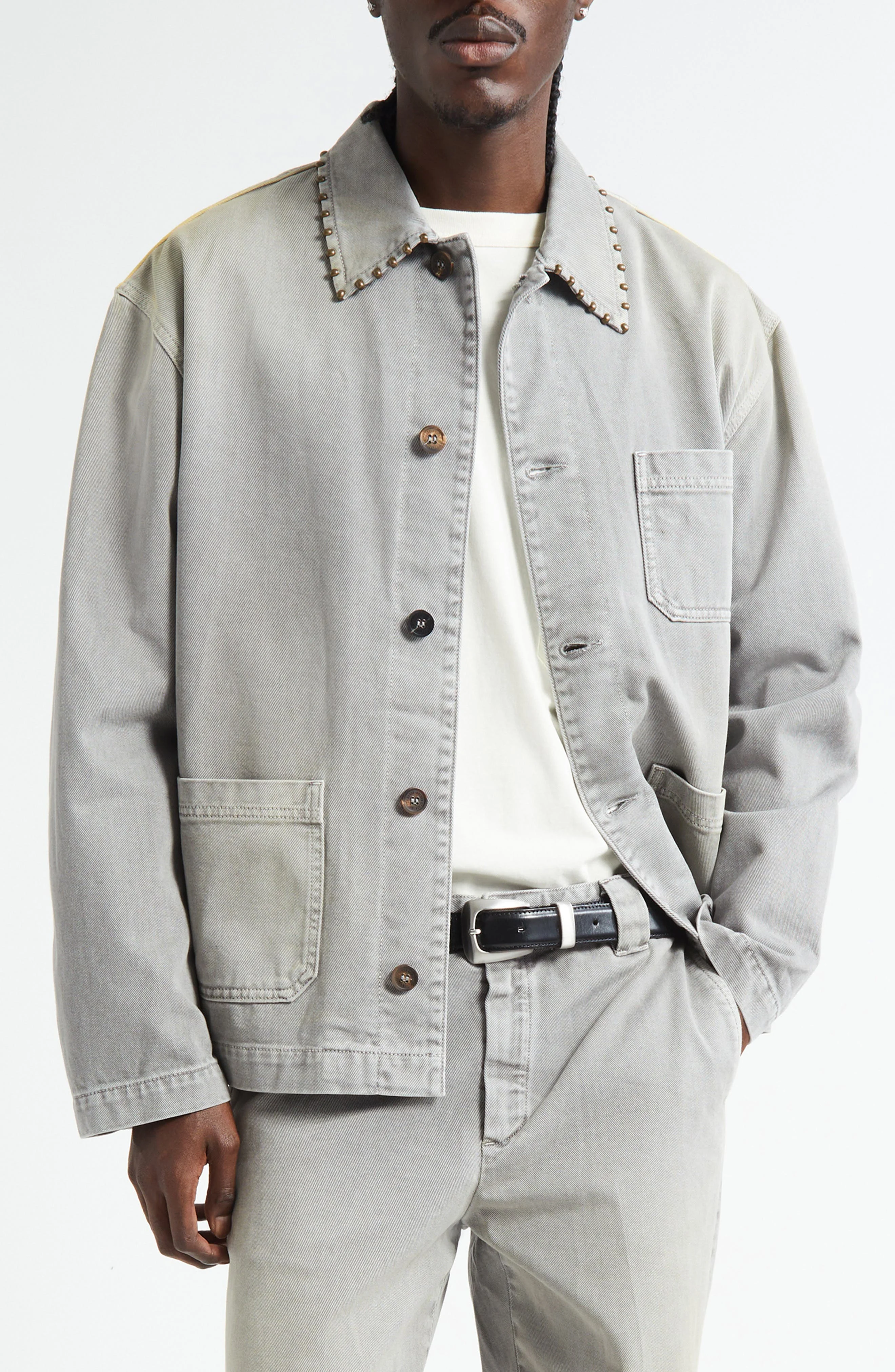 Golden Goose Journey Studded Cotton Twill Chore Jacket in Grey at Nordstrom - 1