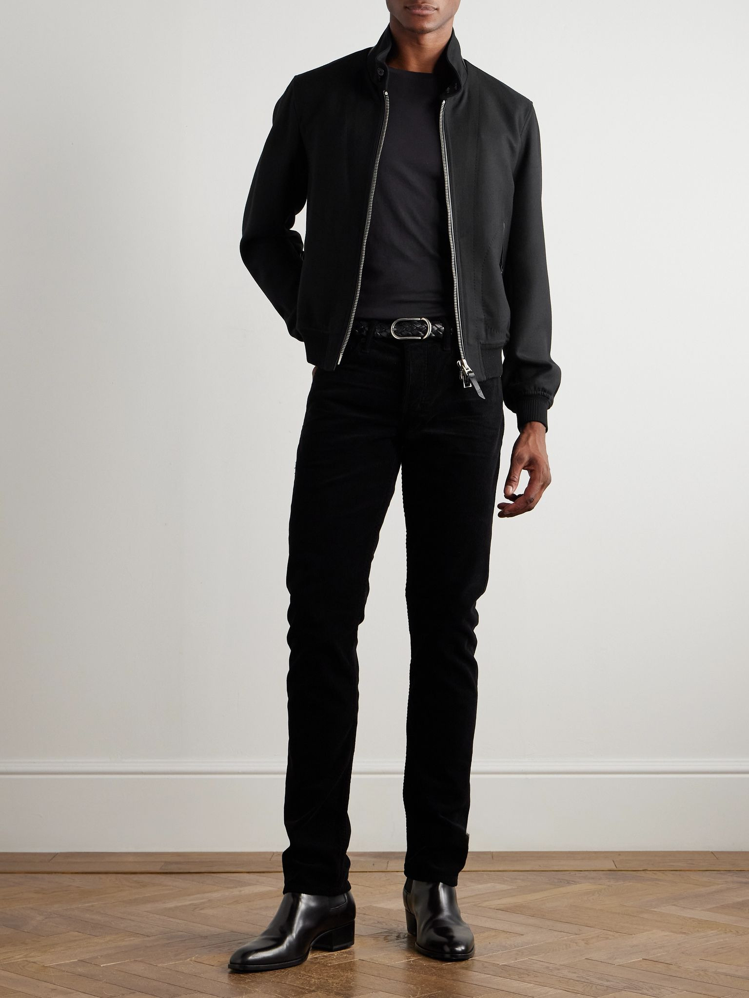 Leather-Trimmed Wool and Silk-Blend Twill Bomber Jacket Black - 2
