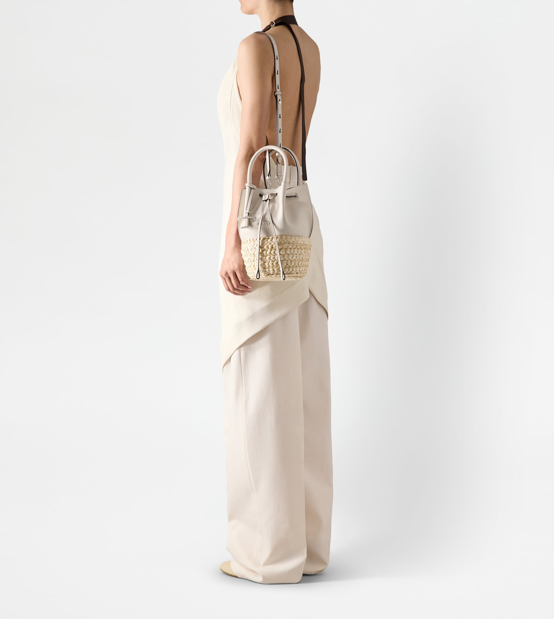 BUCKET BAG IN STRAW AND LEATHER MINI - WHITE, NATURAL - 8