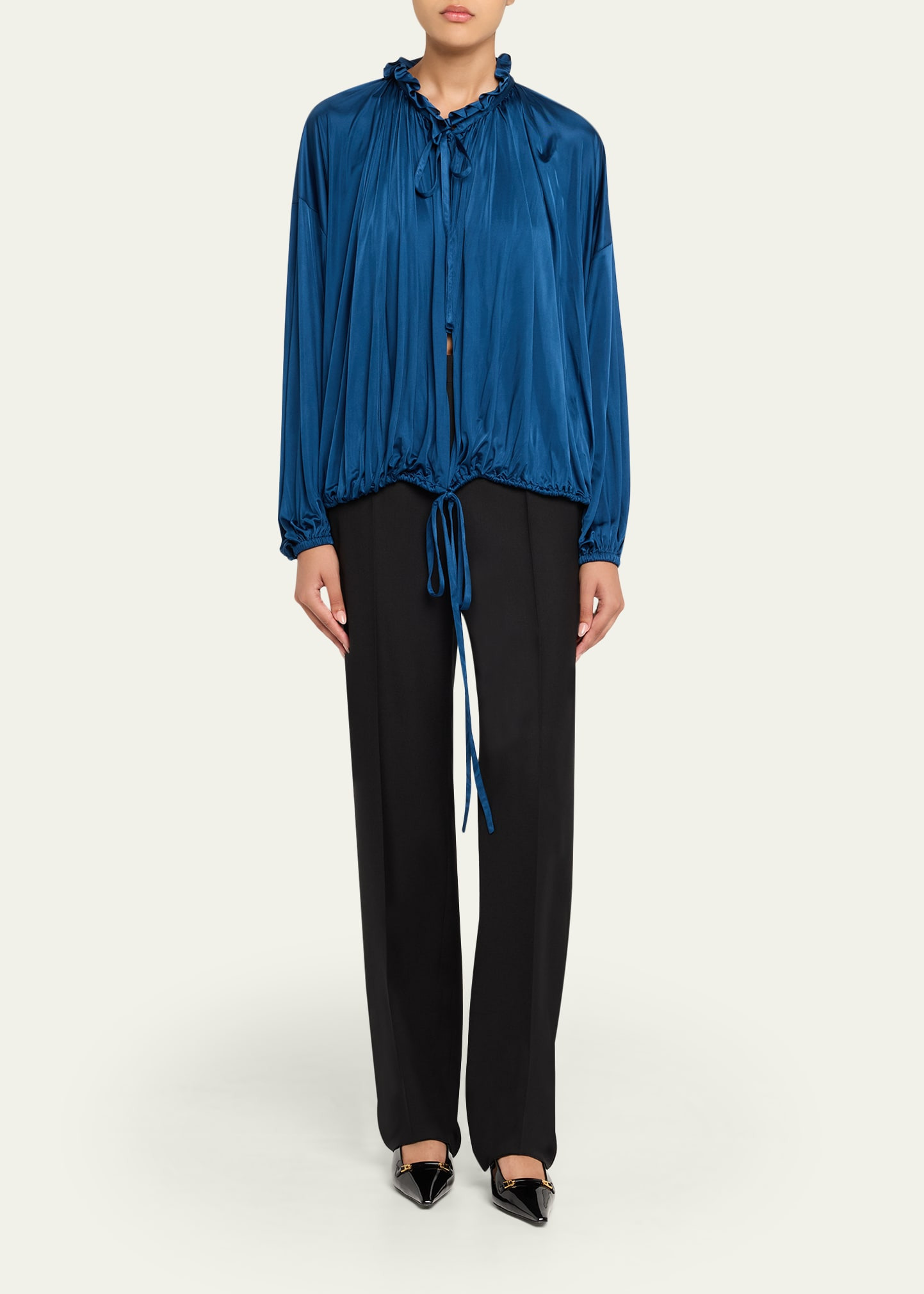 Ruffle Collar Drawstring Satin Blouse - 2