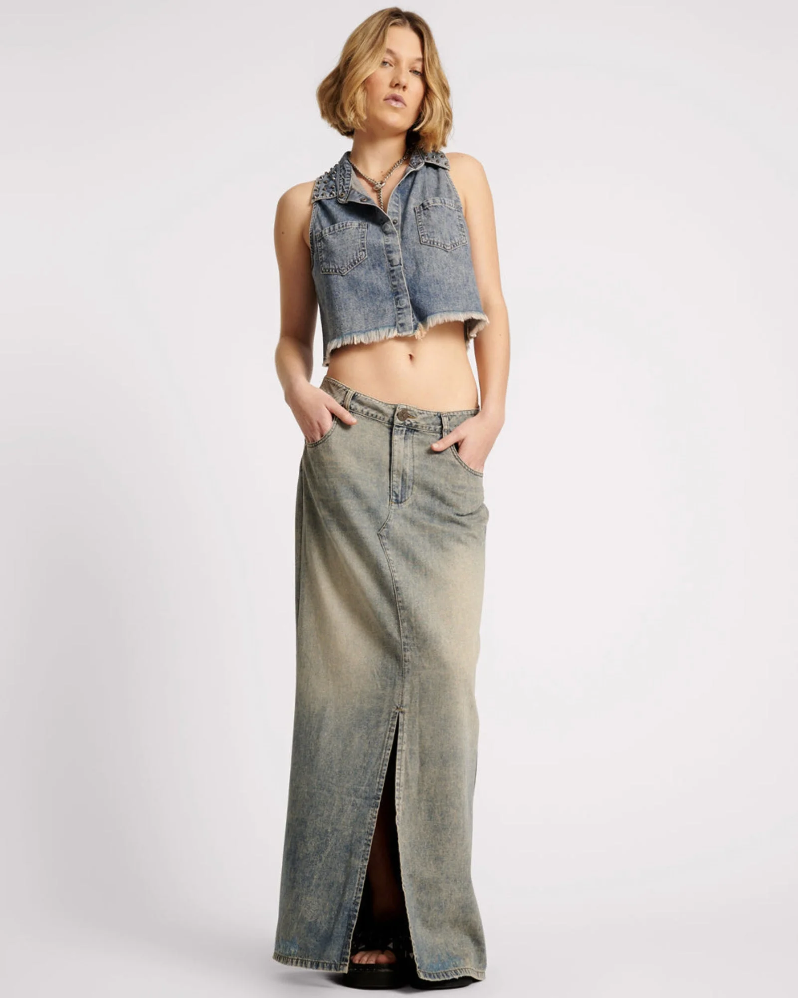 Denim Low Waist Column Skirt - Dirty Blue - 1